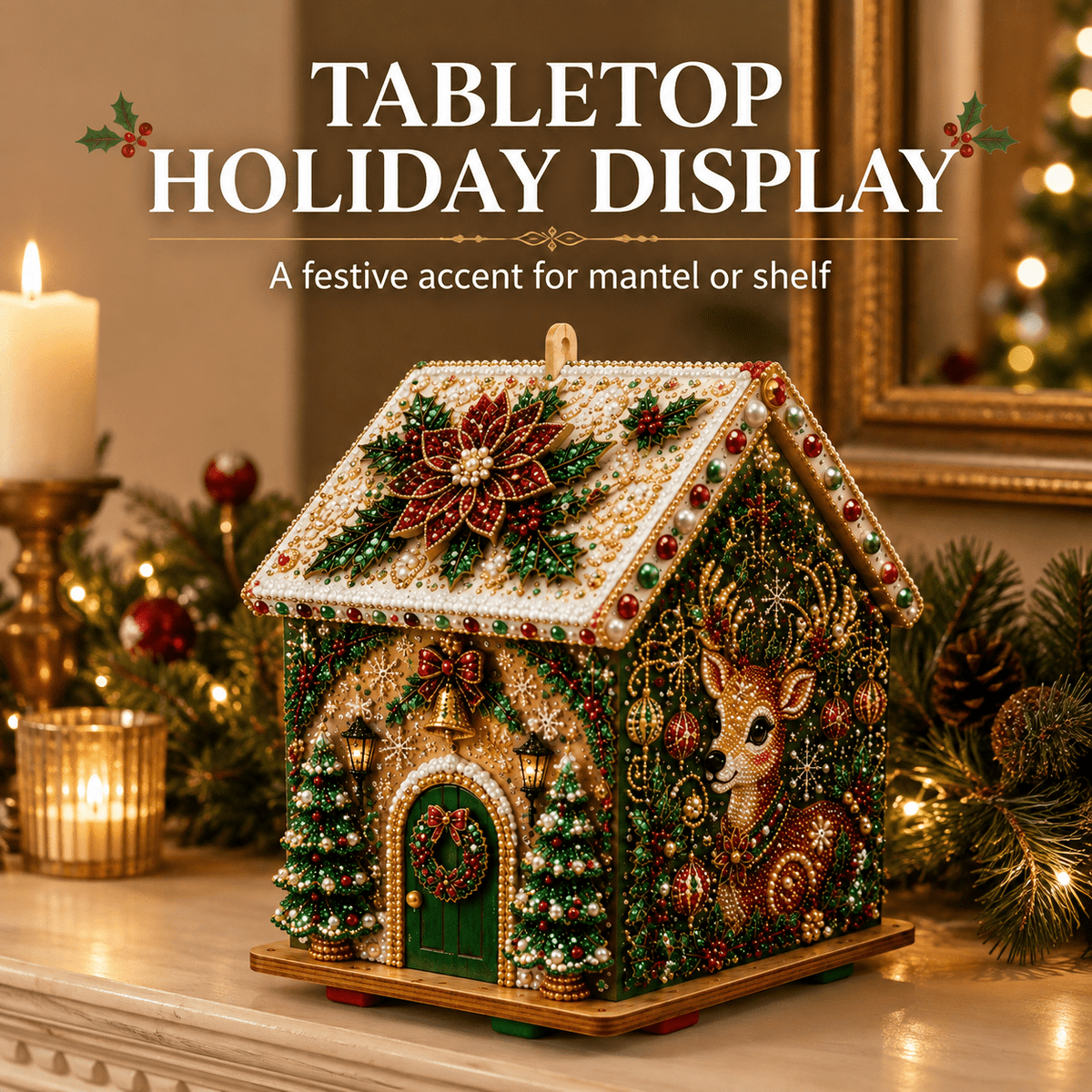 Christmas Pearl Bead Art Kit 3D House Ornament Craft Set For Christmas Tree Tabletop Mantel Shelf And Indoor Winter Holiday Decoration White