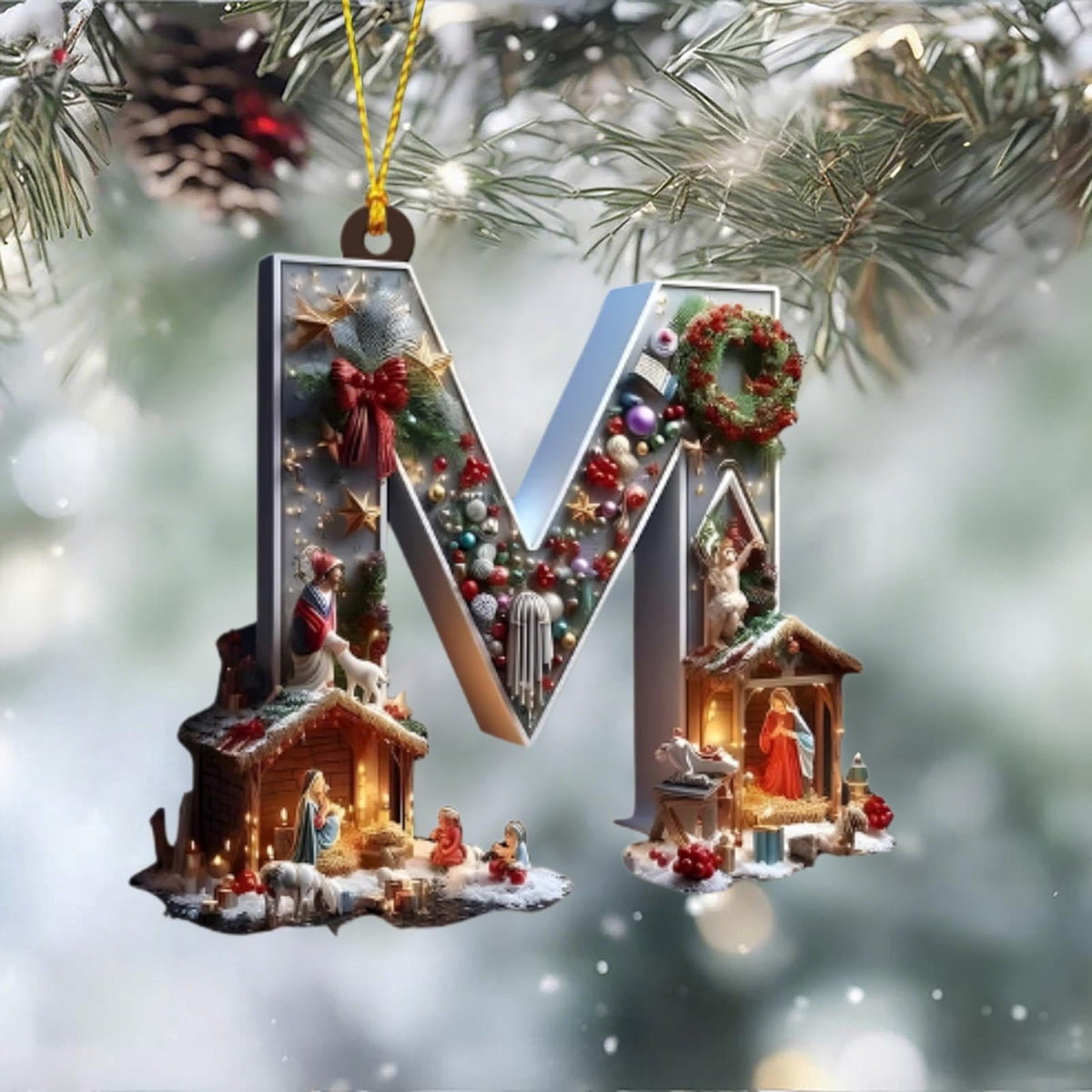 Nativity Scene Letters Ornament, A to Z Alphabet Ornaments for Xmas Tree, Jesus Letters Initial 2D Acrylic Flat Hanging Decoration, The Birth of Jesus Design, Rear view-Christian Gifts for Family (M)
