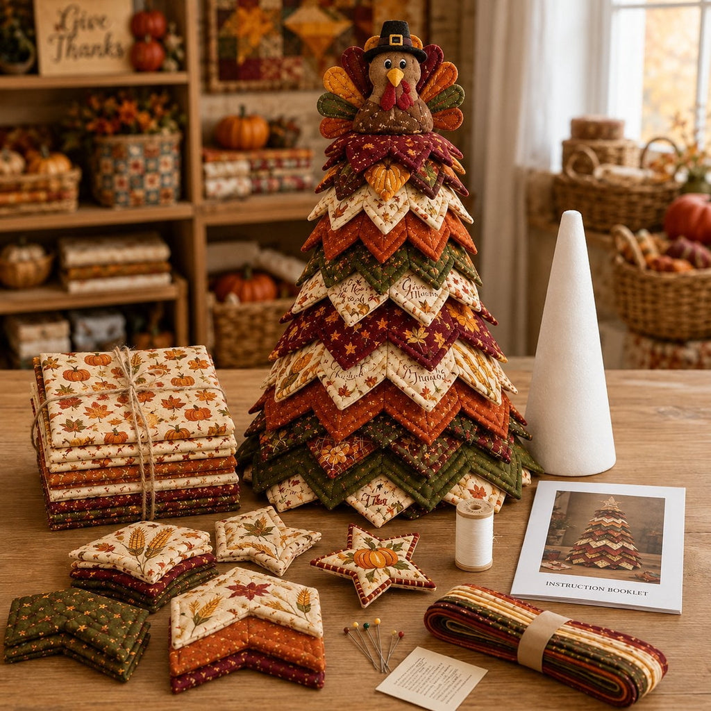 DIY Quilted Christmas Tree Kit Handmade Fabric Tabletop Holiday Decor, Patchwork Craft with Character Topper for Mantel Shelf