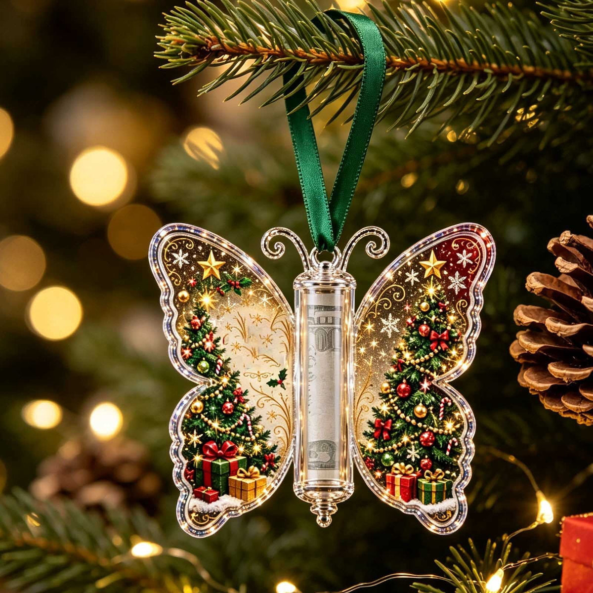 Christmas Cash Gift Stocking Shaped Ornament, Crystal-Clear Cash Holder Ornament with Xmas Stocking Design, Hanging Money Keepsake for Christmas Tree Wreath Garland, Surprise for Family Friends (F)