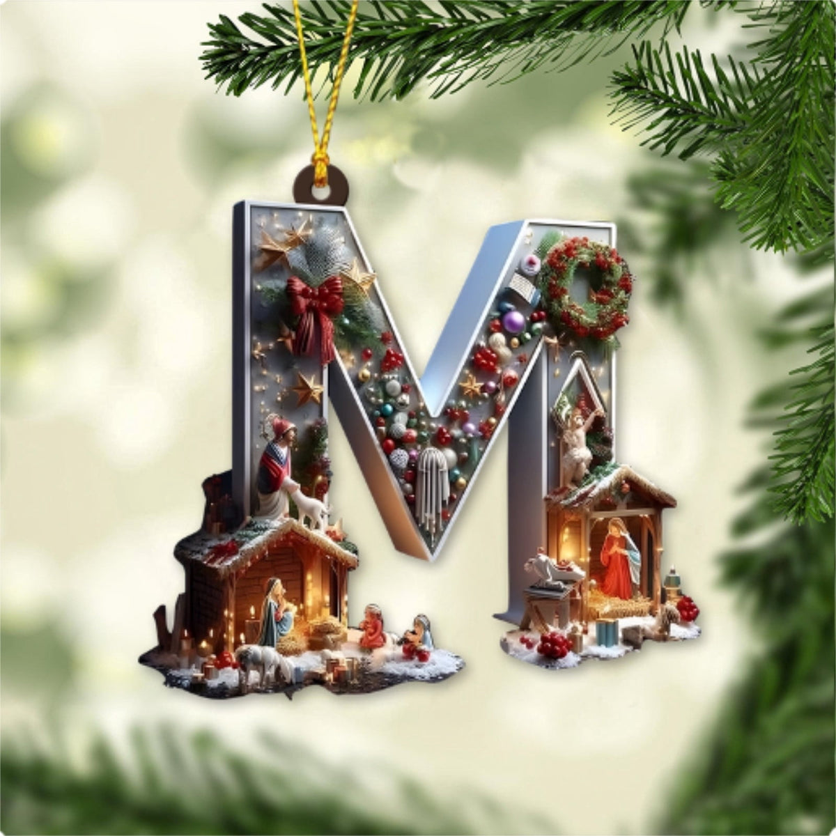 Nativity Scene Letters Ornament, A to Z Alphabet Ornaments for Xmas Tree, Jesus Letters Initial 2D Acrylic Flat Hanging Decoration, The Birth of Jesus Design, Rear view-Christian Gifts for Family (M)