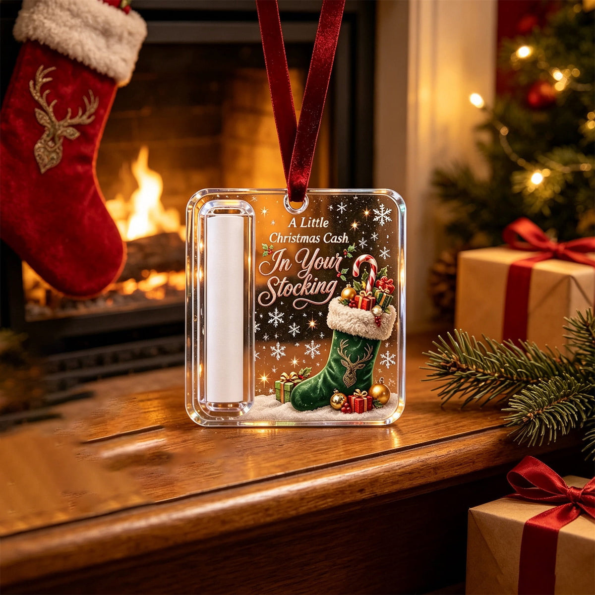 Christmas Cash Gift Stocking Shaped Ornament, Crystal-Clear Cash Holder Ornament with Xmas Stocking Design, Hanging Money Keepsake for Christmas Tree Wreath Garland, Surprise for Family Friends (F)