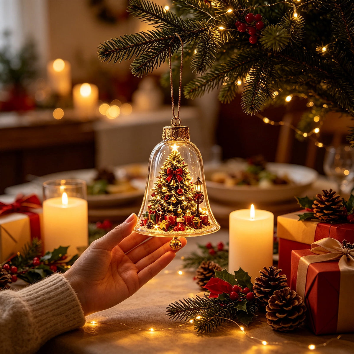 Mivyn Glowing Christmas Story Ornament, 4"Light-Up Mini Holiday Scene with Warm LED Light, Festive Keepsake Gift for Home Christmas Party Decoration,1PCS,