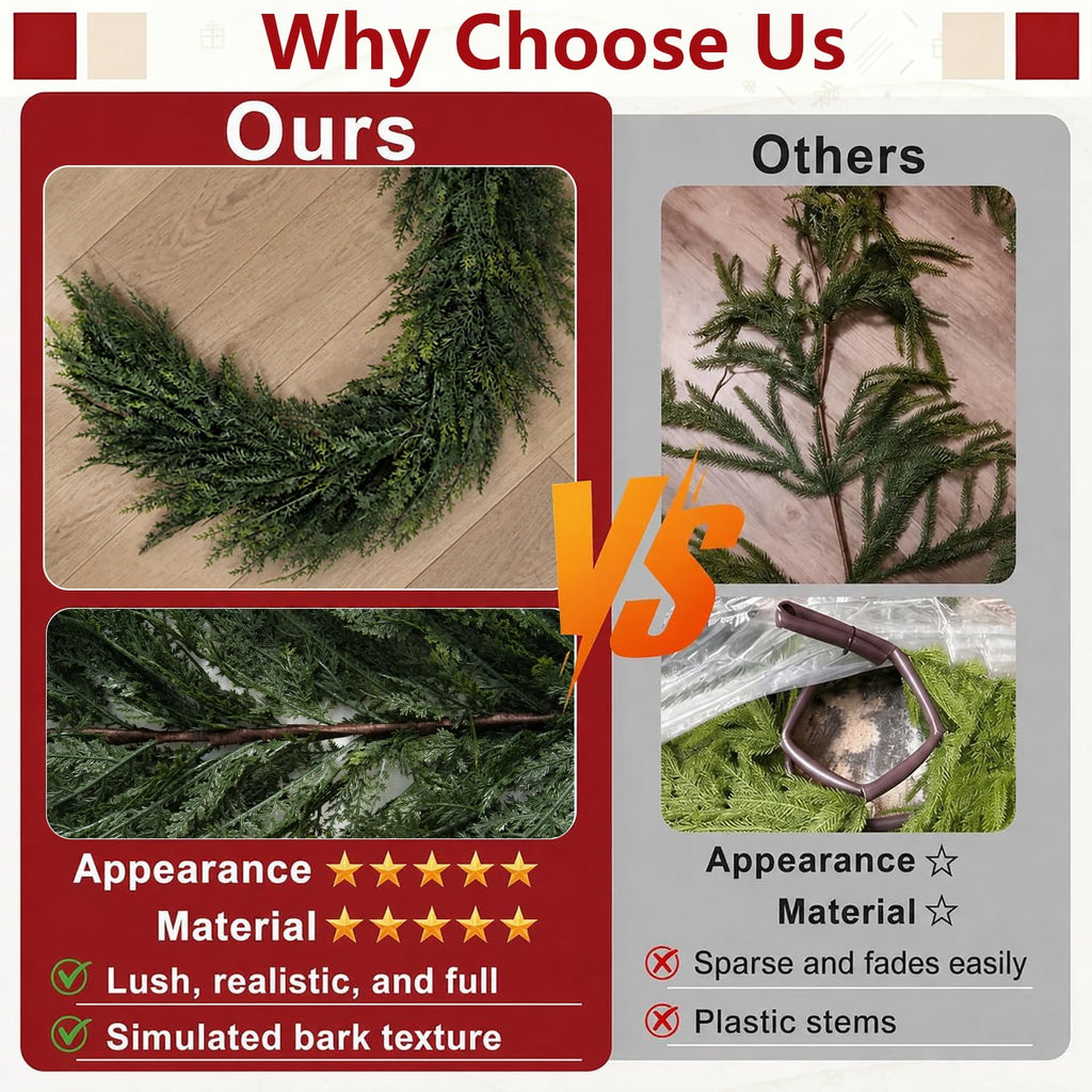 2 Pcs 6Ft Christmas Garland, Realistic Cedar Cypress Pine Greenery Garland Faux Christmas Decorations for Mantle, Fireplace, Table, Stairs, Doors, Porch, Indoor Outdoor Christmas Decor