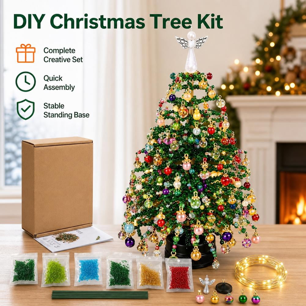 DIY Beaded Christmas Tree Kit, Crystal Bead Holiday Craft Set for Adults, Christmas Ornament Charms, Metal Frame Tabletop Decor, Holiday Gift