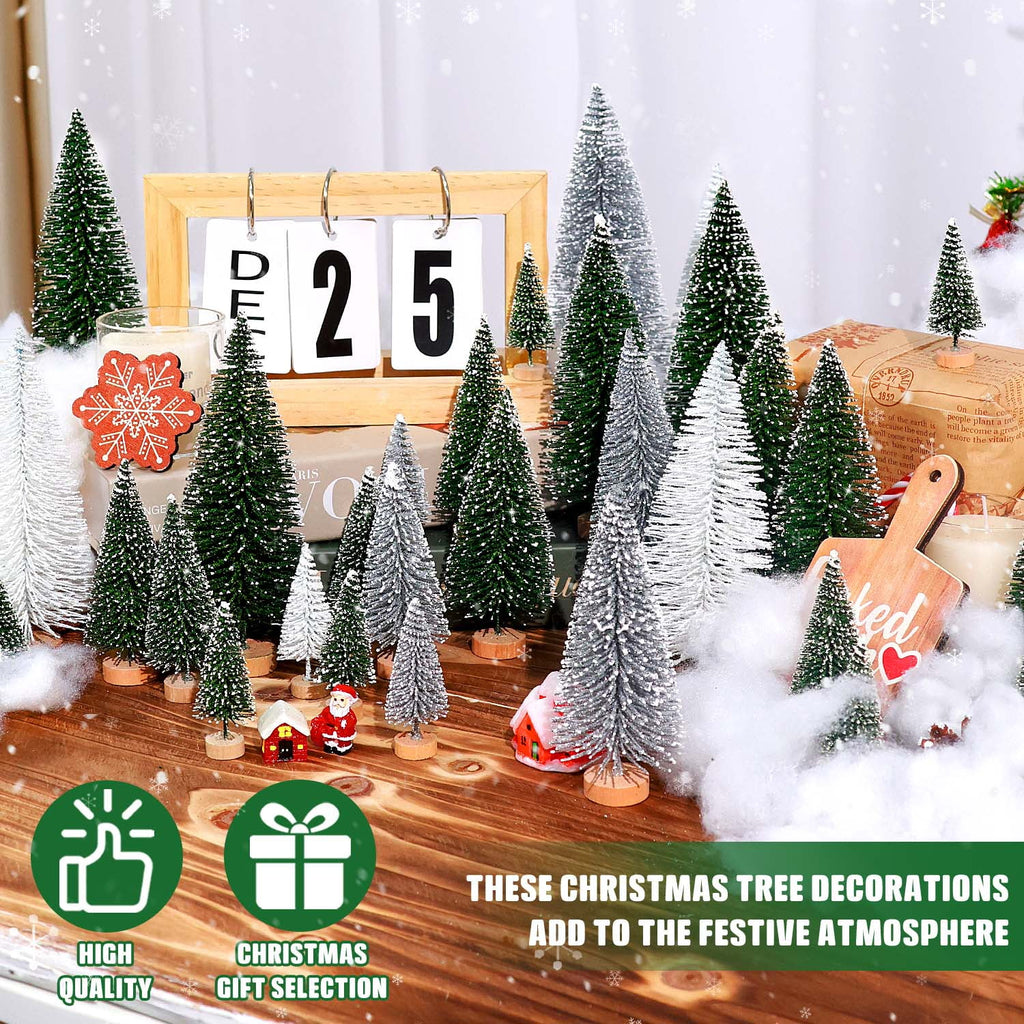 Ayieyill 30PCS Artificial Mini Christmas Trees, Upgrade Sisal Pine Trees with Wood Base Bottle Brush Trees for Christmas Table Top Decor(Green, Gold and Ivory)