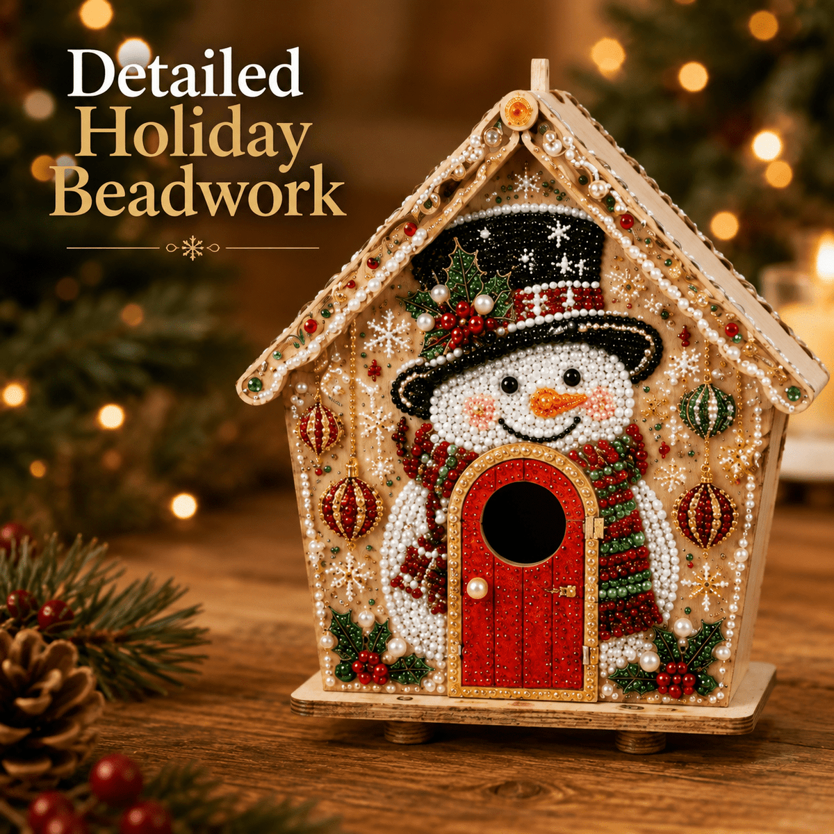 Christmas Pearl Bead Art Kit 3D House Ornament Craft Set For Christmas Tree Tabletop Mantel Shelf And Indoor Winter Holiday Decoration White