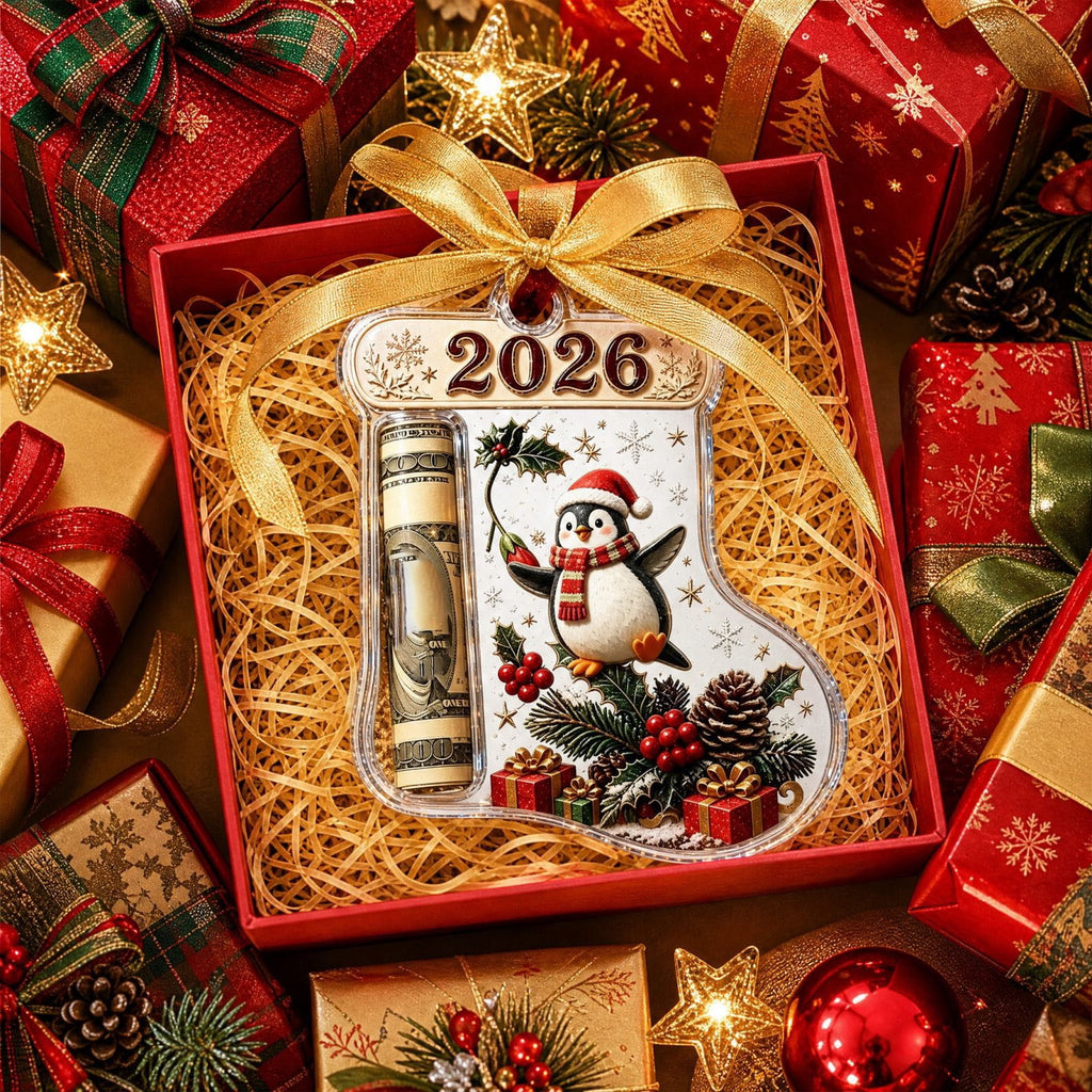 Christmas Cash Gift Stocking Shaped Ornament, Crystal-Clear Cash Holder Ornament with Xmas Stocking Design, Hanging Money Keepsake for Christmas Tree Wreath Garland, Surprise for Family Friends (F)