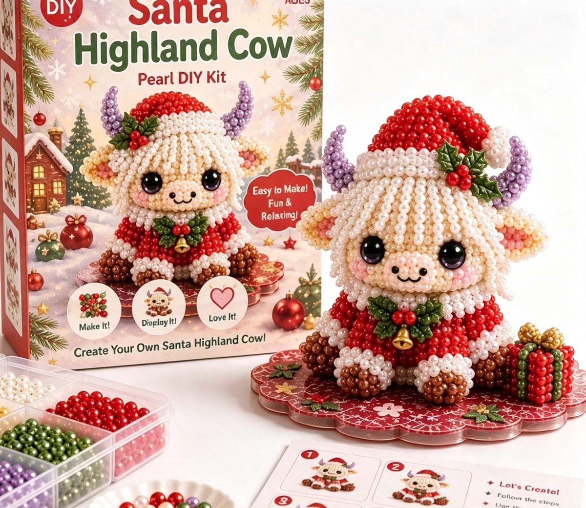 MYUNNIL Christmas Highland Cow 3D Pearl Bead Kit, Small Cute Beginner Friendly Complete Animal Themed Handcraft Set, Fun Whimsical Decorative Ornament for Home Decor & Holiday Gift, ( Xmas Tree )
