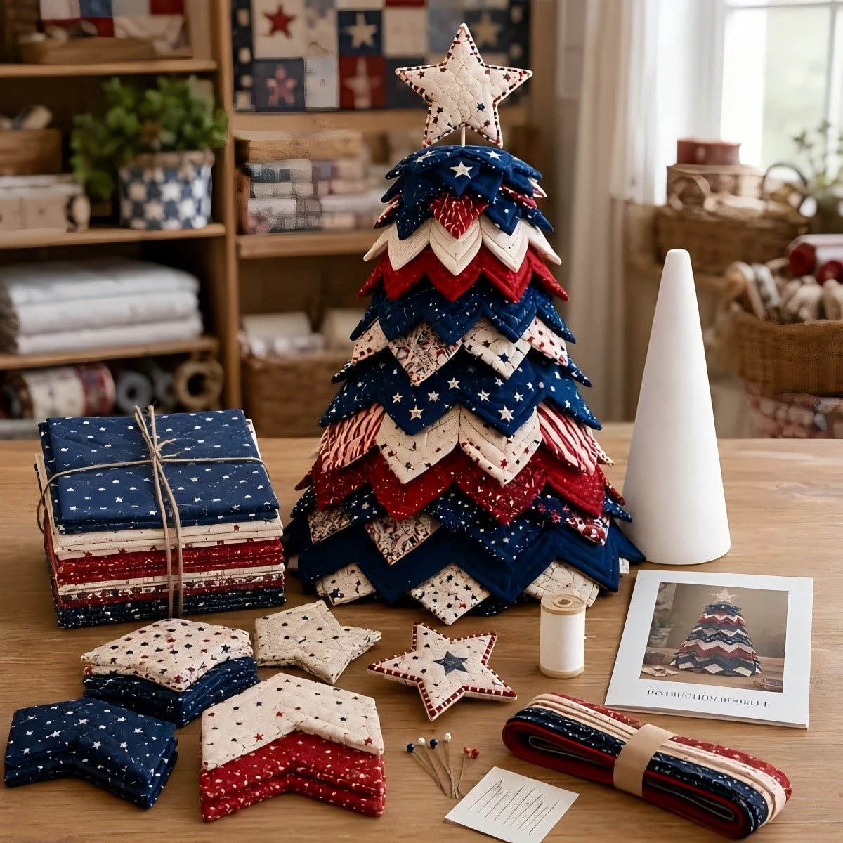DIY Quilted Christmas Tree Kit Handmade Fabric Tabletop Holiday Decor, Patchwork Craft with Character Topper for Mantel Shelf