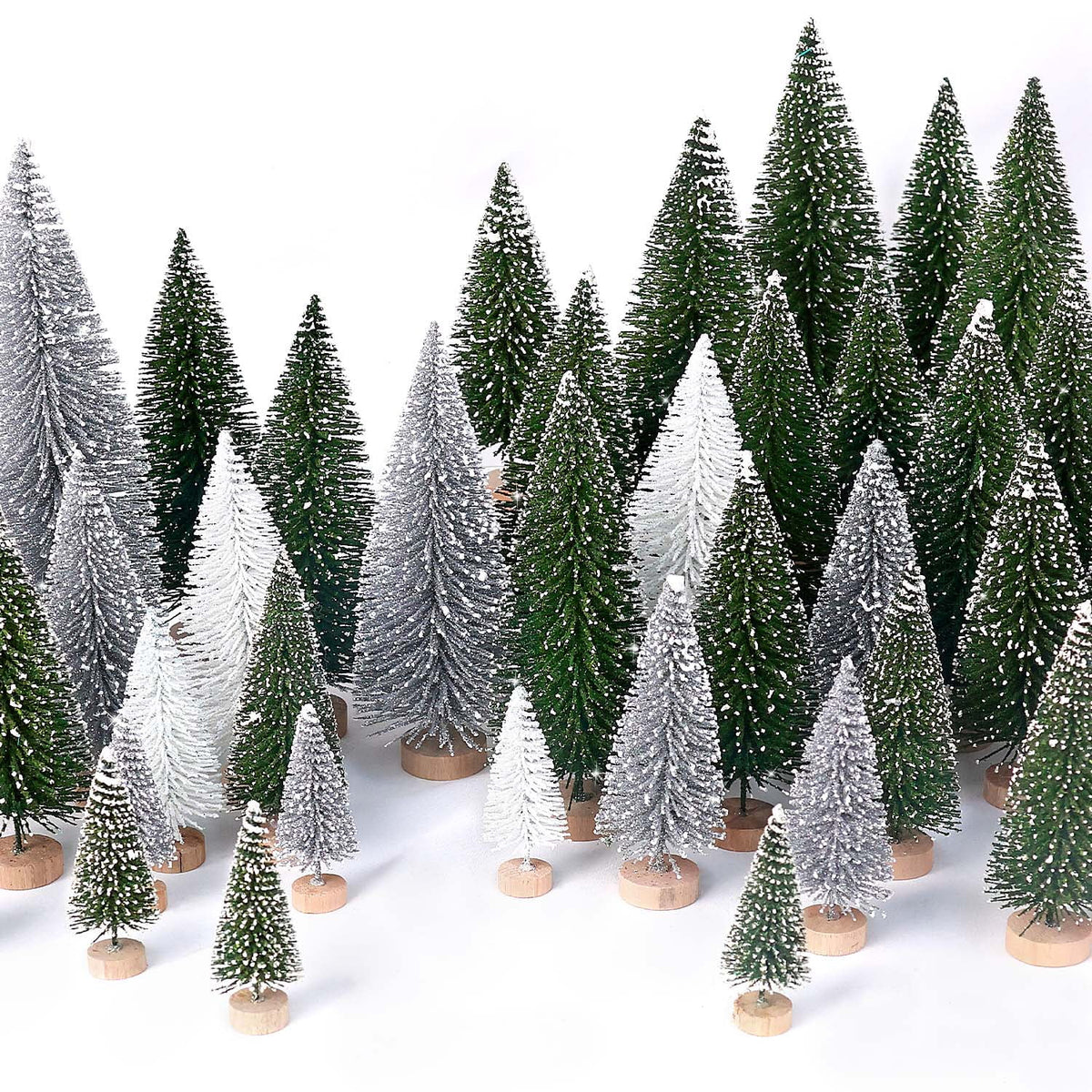 Ayieyill 30PCS Artificial Mini Christmas Trees, Upgrade Sisal Pine Trees with Wood Base Bottle Brush Trees for Christmas Table Top Decor(Green, Gold and Ivory)