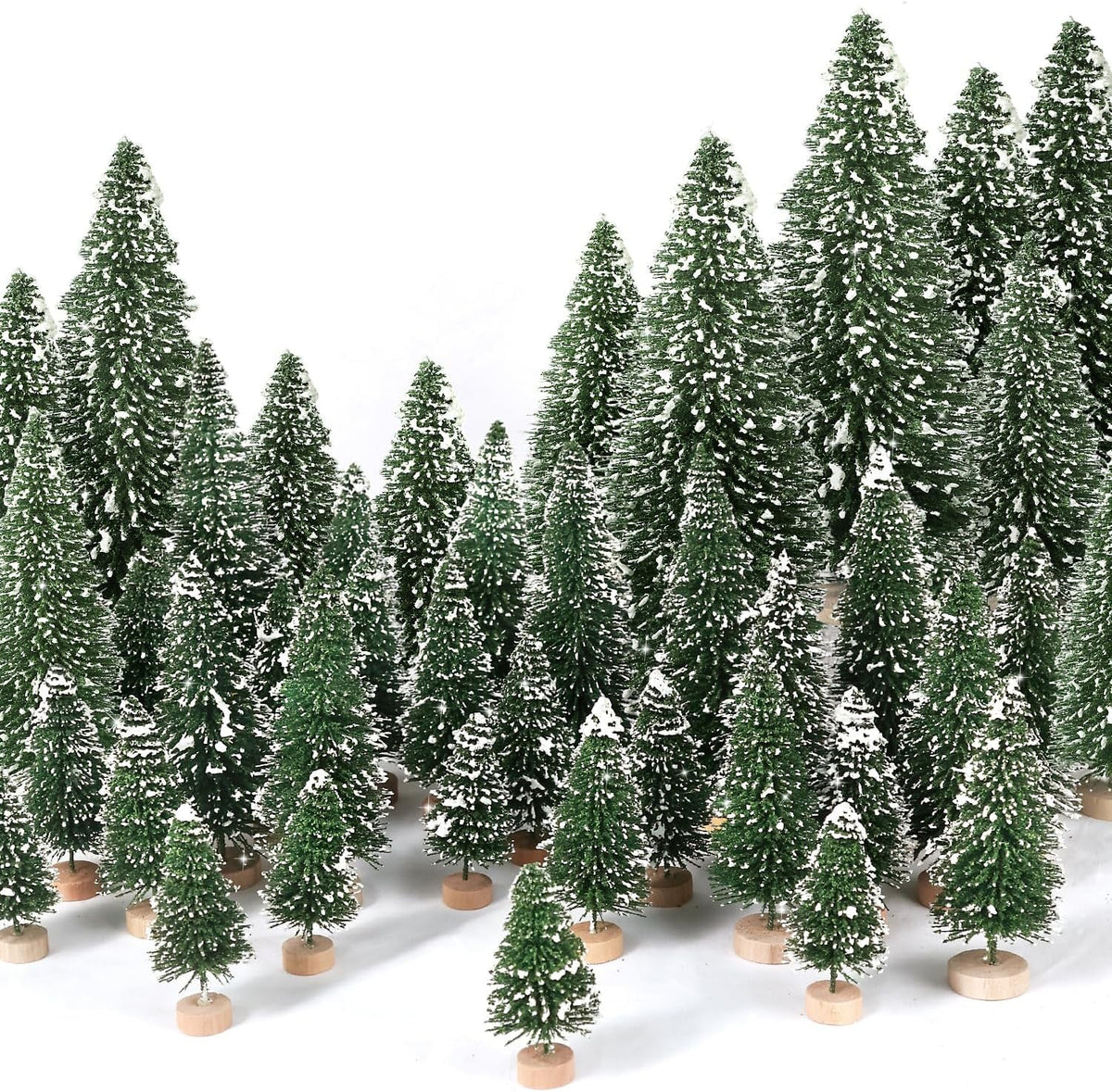 Ayieyill 30PCS Artificial Mini Christmas Trees, Upgrade Sisal Pine Trees with Wood Base Bottle Brush Trees for Christmas Table Top Decor(Green, Gold and Ivory)