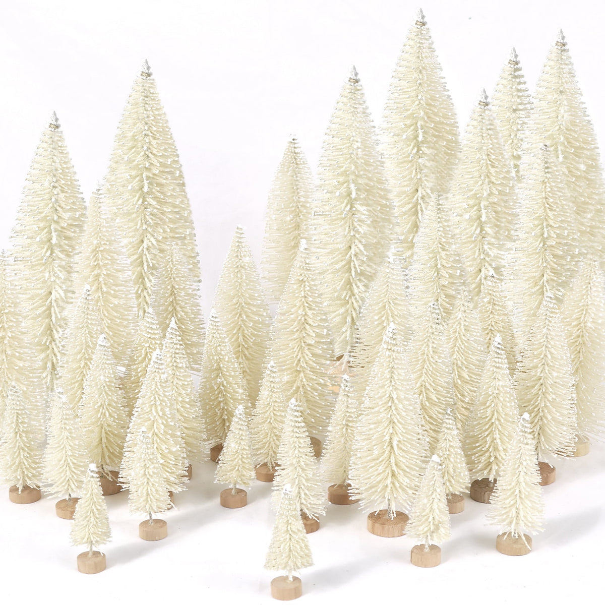Ayieyill 30PCS Artificial Mini Christmas Trees, Upgrade Sisal Pine Trees with Wood Base Bottle Brush Trees for Christmas Table Top Decor(Green, Gold and Ivory)