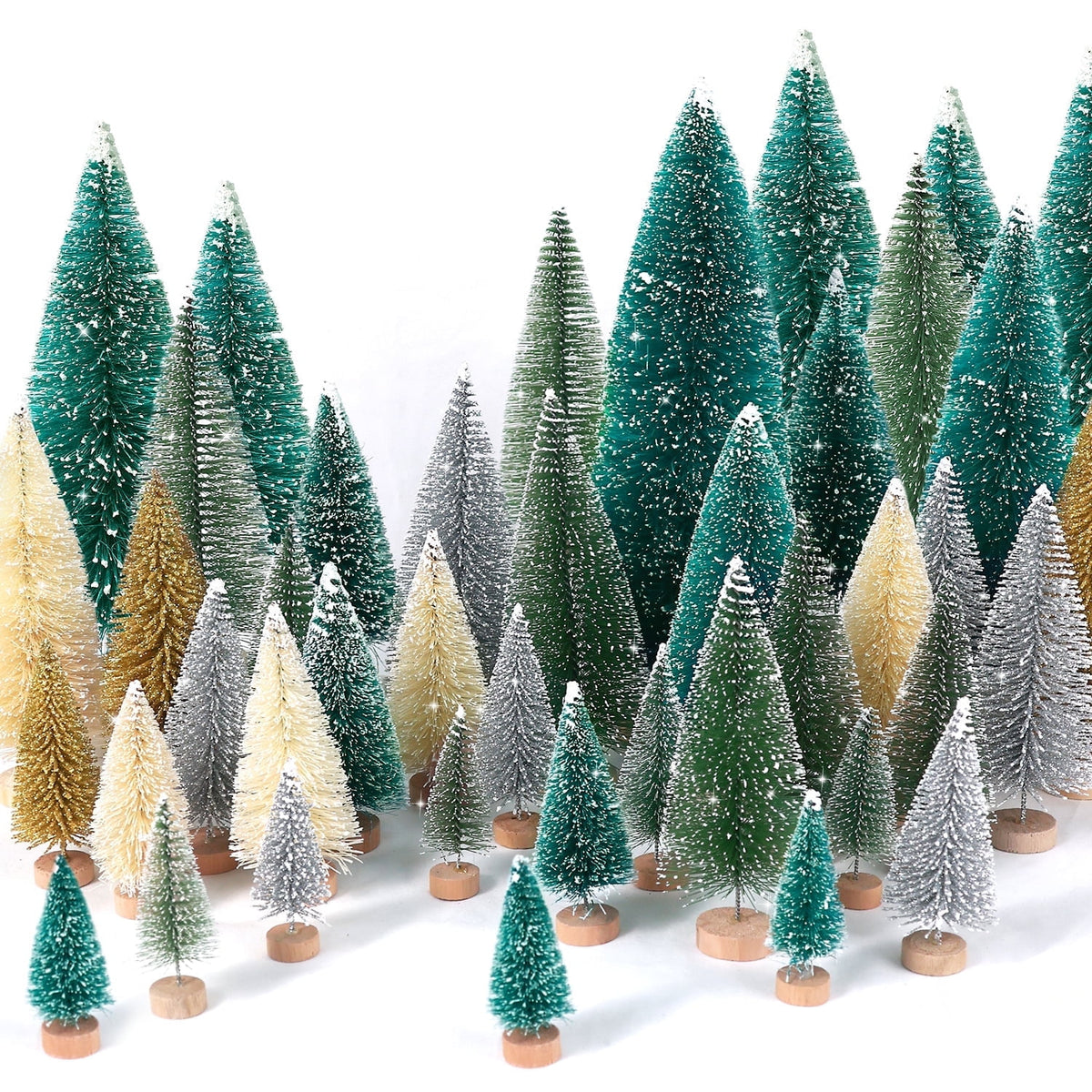 Ayieyill 30PCS Artificial Mini Christmas Trees, Upgrade Sisal Pine Trees with Wood Base Bottle Brush Trees for Christmas Table Top Decor(Green, Gold and Ivory)