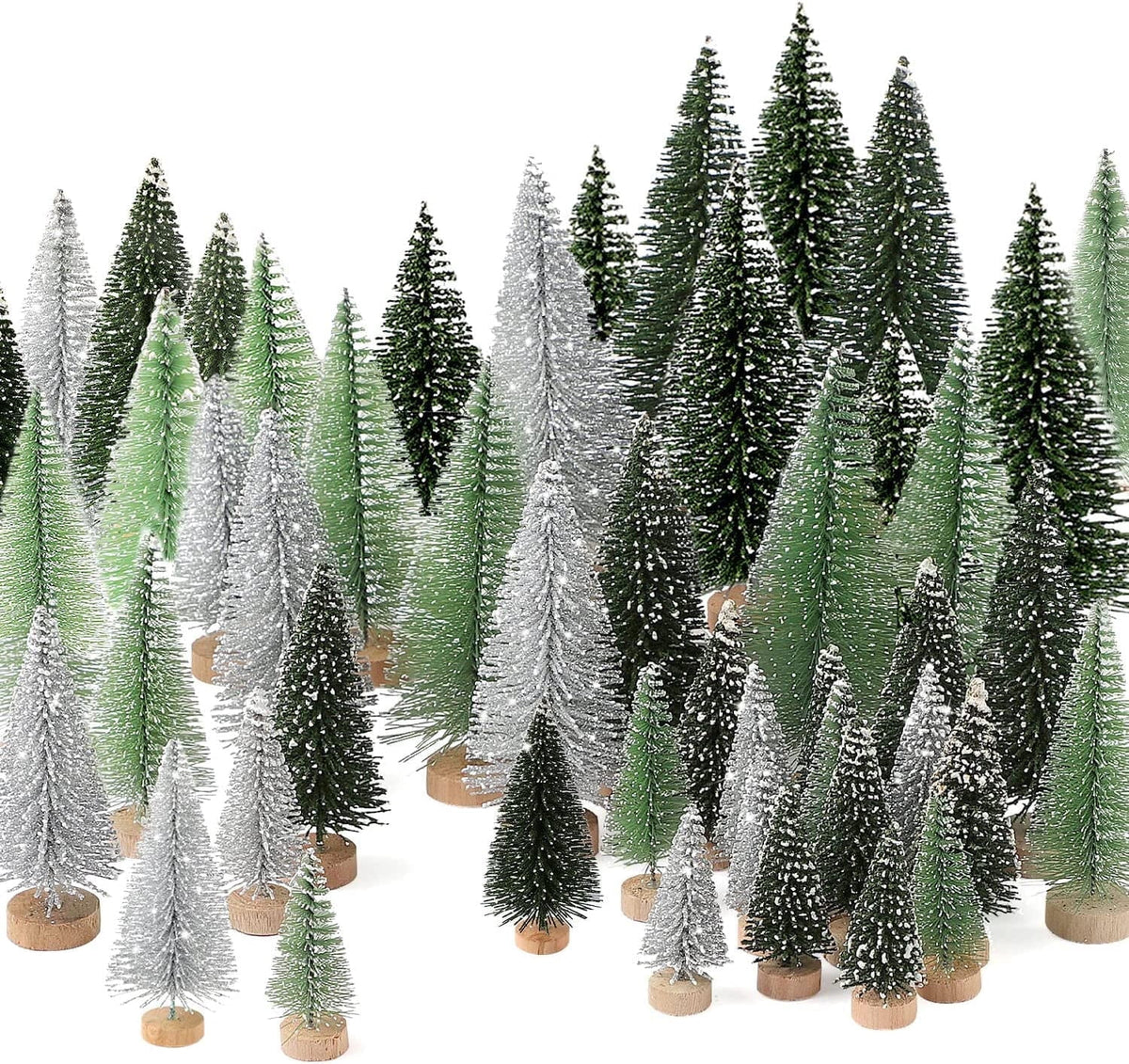 Ayieyill 30PCS Artificial Mini Christmas Trees, Upgrade Sisal Pine Trees with Wood Base Bottle Brush Trees for Christmas Table Top Decor(Green, Gold and Ivory)