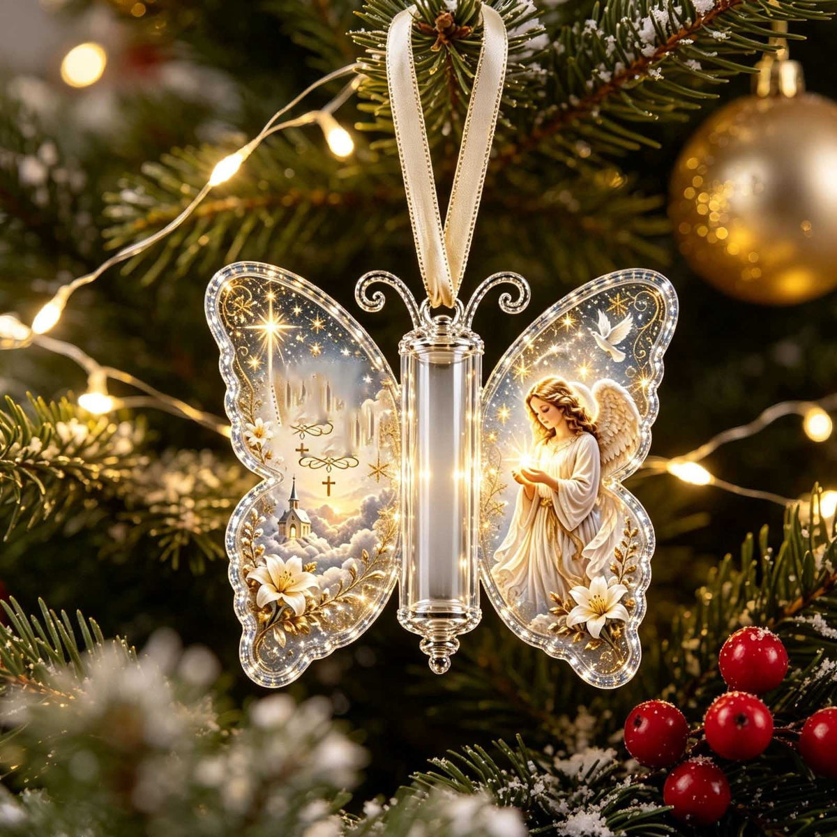 Butterfly Christmas Money Gift Ornament, Angel‑Pattern Acrylic Cash Holder with Clear Compartment, Hanging Xmas Cash Wallet Decor for Christmas Tree, Window, Car, Creative Holiday Present