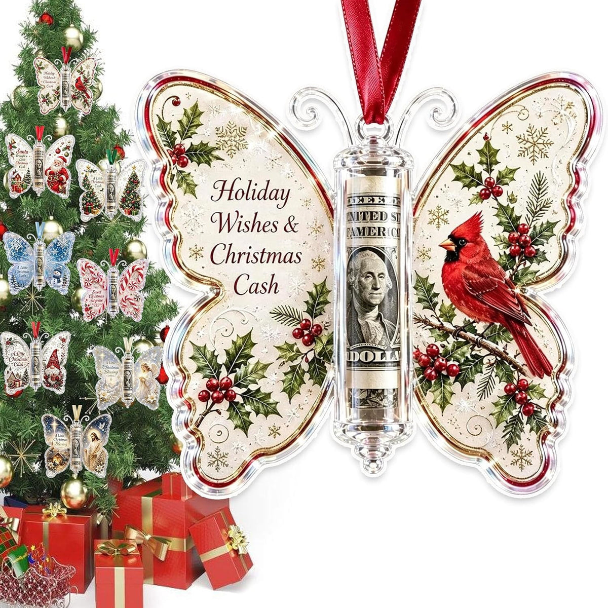 Christmas Cash Gift Butterfly Ornament, Holiday Money Holder Keepsake,Butterfly Christmas Money Gift Ornament, Acrylic Money Holder Christmas Tree Hanging, Rolled Bill Cash Gift Holder, for Xmas
