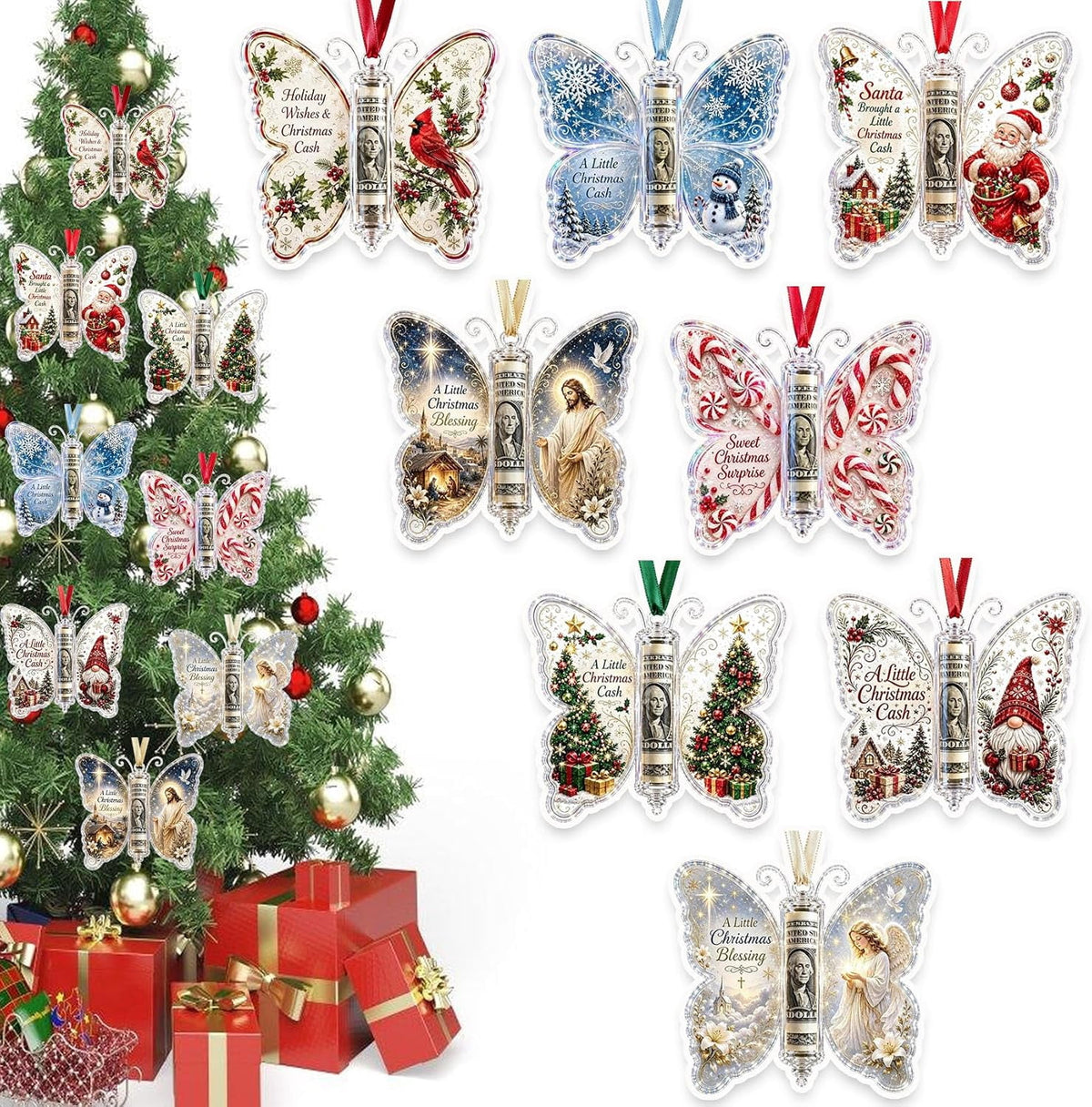 Christmas Cash Gift Butterfly Ornament, Holiday Money Holder Keepsake,Butterfly Christmas Money Gift Ornament, Acrylic Money Holder Christmas Tree Hanging, Rolled Bill Cash Gift Holder, for Xmas