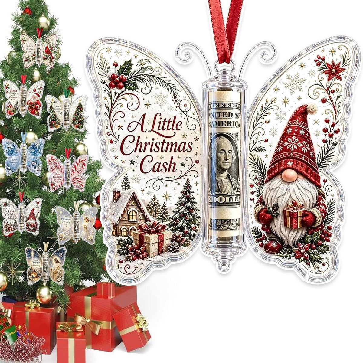 Christmas Cash Gift Butterfly Ornament, Holiday Money Holder Keepsake,Butterfly Christmas Money Gift Ornament, Acrylic Money Holder Christmas Tree Hanging, Rolled Bill Cash Gift Holder, for Xmas