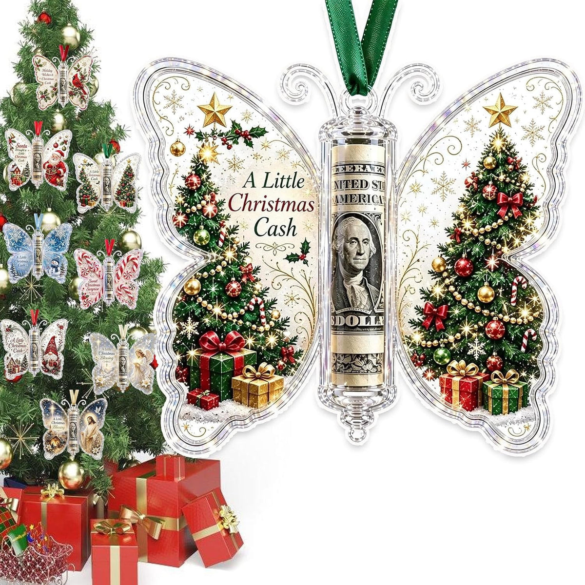 Christmas Cash Gift Butterfly Ornament, Holiday Money Holder Keepsake,Butterfly Christmas Money Gift Ornament, Acrylic Money Holder Christmas Tree Hanging, Rolled Bill Cash Gift Holder, for Xmas
