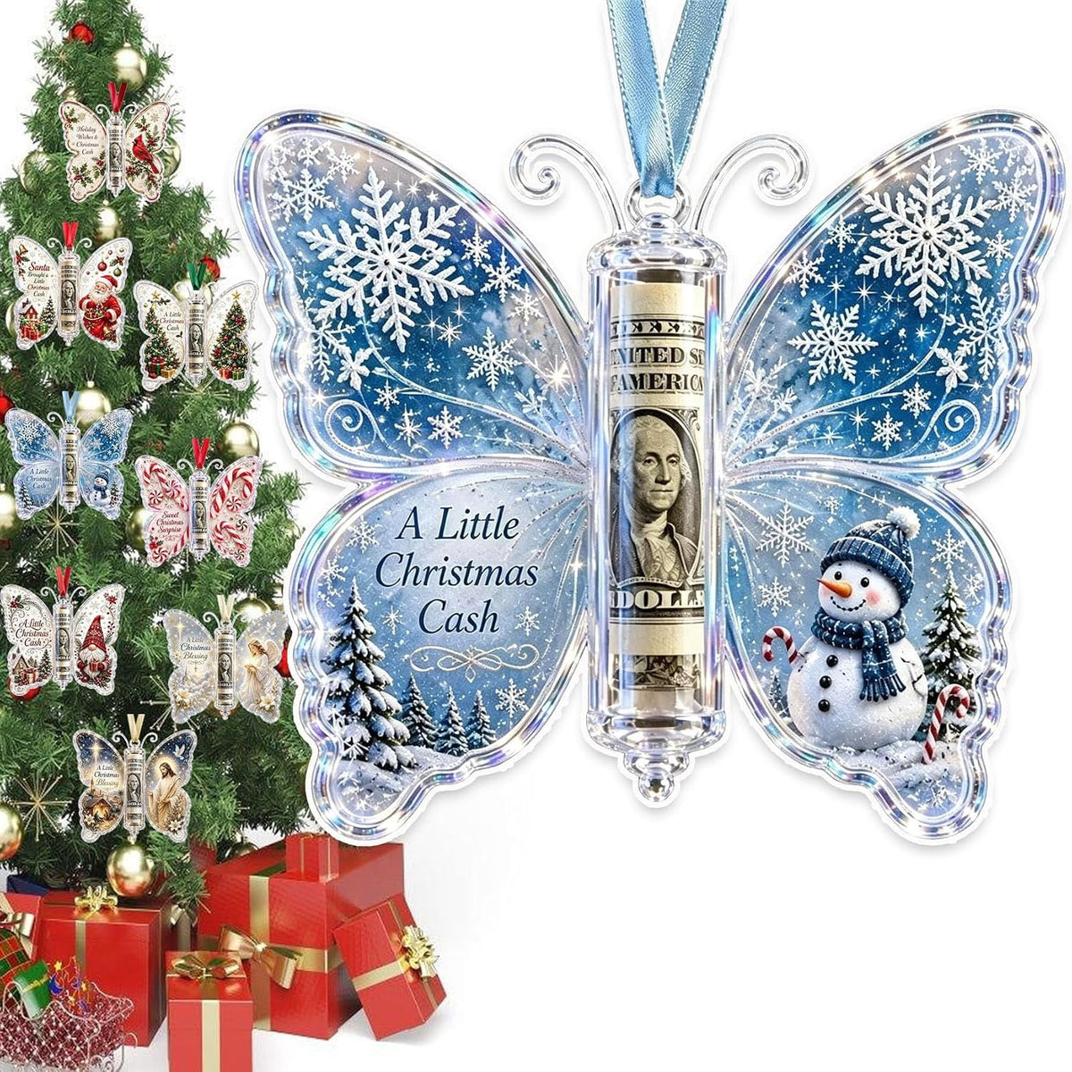 Christmas Cash Gift Butterfly Ornament, Holiday Money Holder Keepsake,Butterfly Christmas Money Gift Ornament, Acrylic Money Holder Christmas Tree Hanging, Rolled Bill Cash Gift Holder, for Xmas