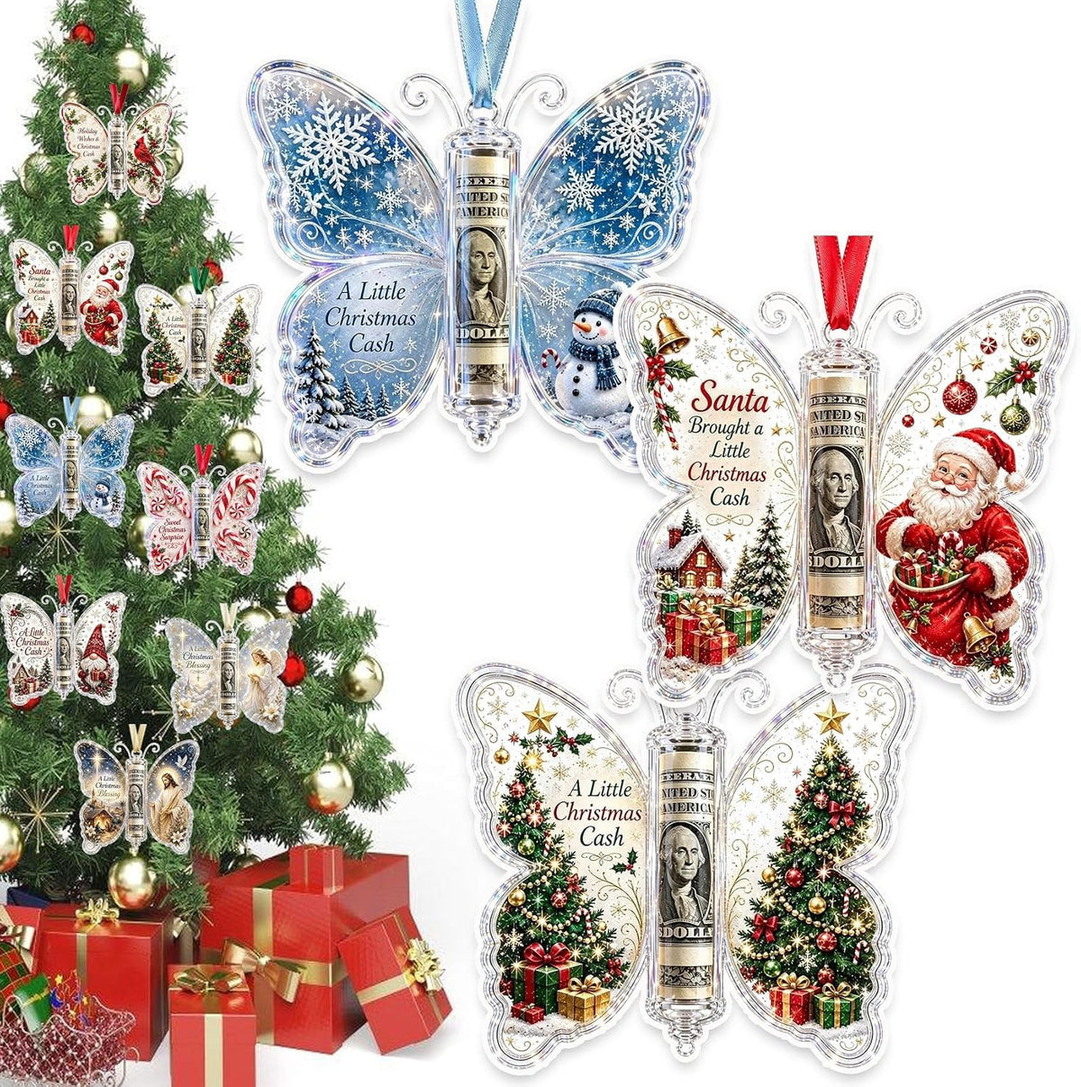 Christmas Cash Gift Butterfly Ornament, Holiday Money Holder Keepsake,Butterfly Christmas Money Gift Ornament, Acrylic Money Holder Christmas Tree Hanging, Rolled Bill Cash Gift Holder, for Xmas