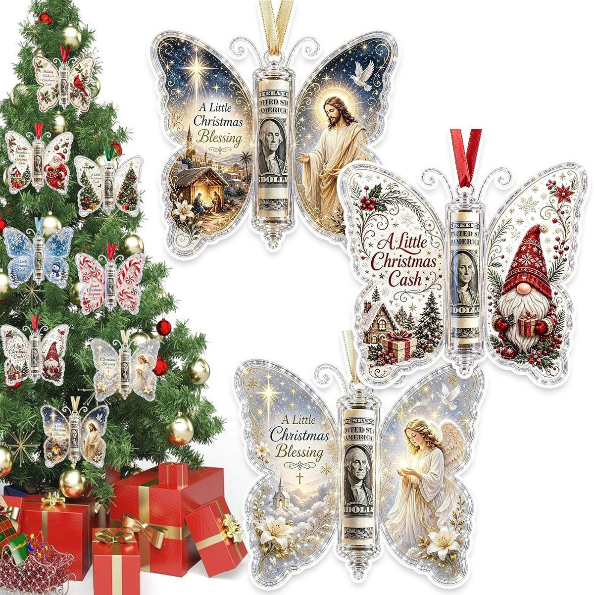 Christmas Cash Gift Butterfly Ornament, Holiday Money Holder Keepsake,Butterfly Christmas Money Gift Ornament, Acrylic Money Holder Christmas Tree Hanging, Rolled Bill Cash Gift Holder, for Xmas
