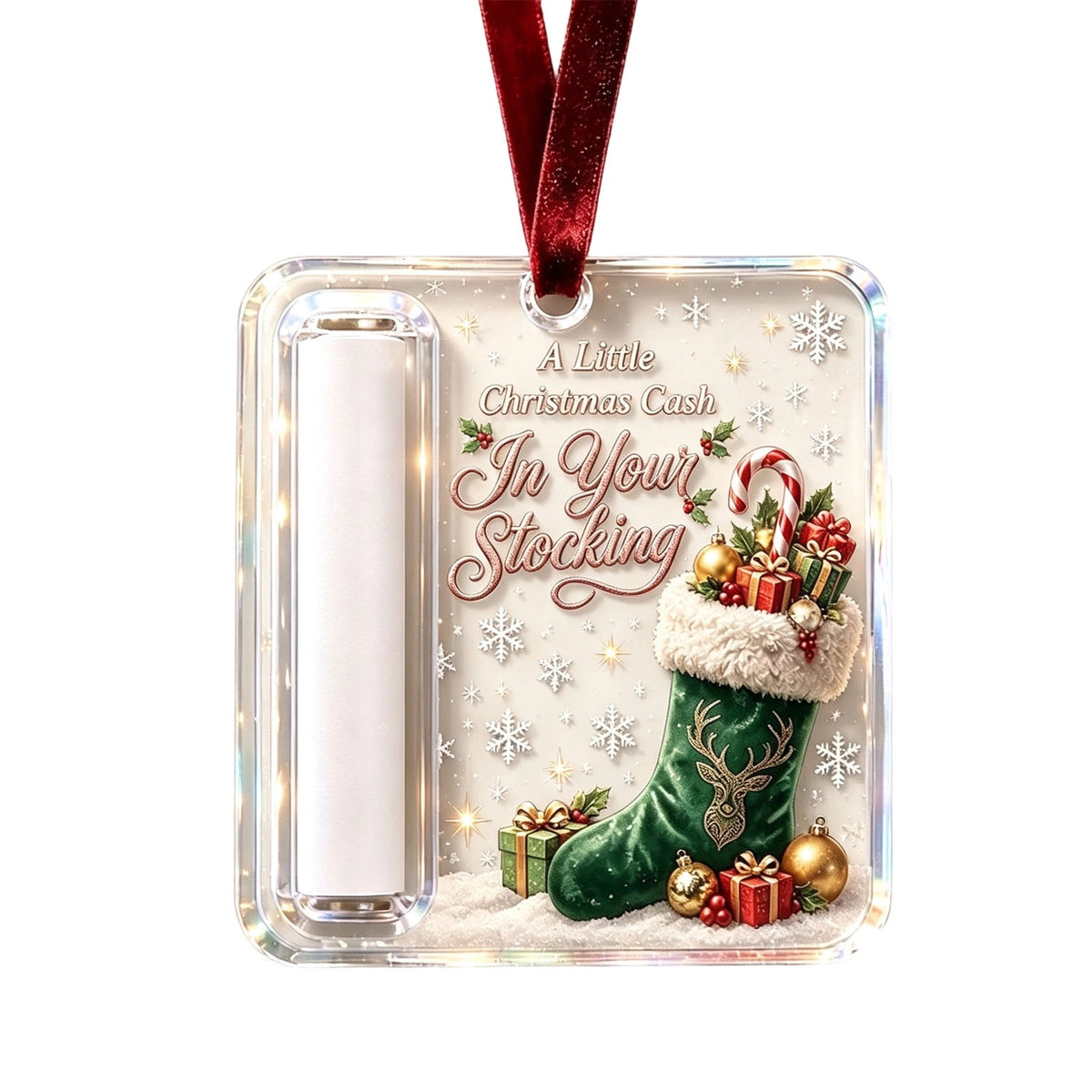 Christmas Cash Gift Stocking Shaped Ornament, Crystal-Clear Cash Holder Ornament with Xmas Stocking Design, Hanging Money Keepsake for Christmas Tree Wreath Garland, Surprise for Family Friends (F)