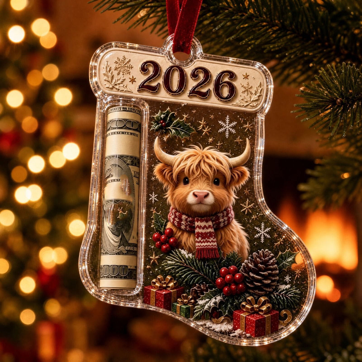 Christmas Cash Gift Stocking Shaped Ornament, Crystal-Clear Cash Holder Ornament with Xmas Stocking Design, Hanging Money Keepsake for Christmas Tree Wreath Garland, Surprise for Family Friends (F)