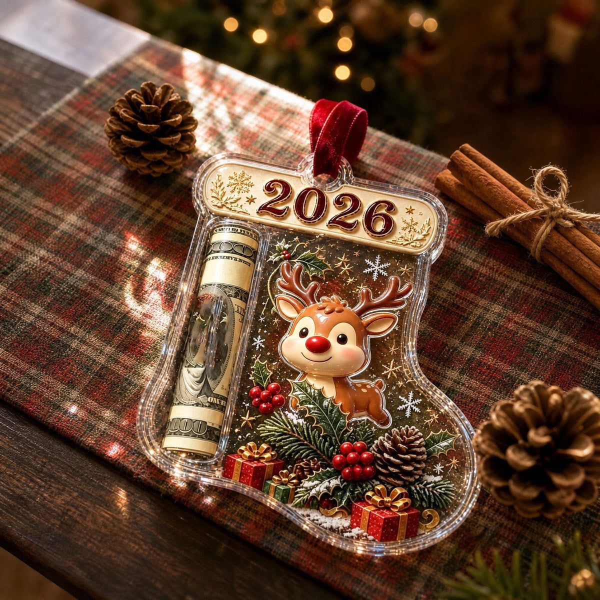 Christmas Cash Gift Stocking Shaped Ornament, Crystal-Clear Cash Holder Ornament with Xmas Stocking Design, Hanging Money Keepsake for Christmas Tree Wreath Garland, Surprise for Family Friends (F)