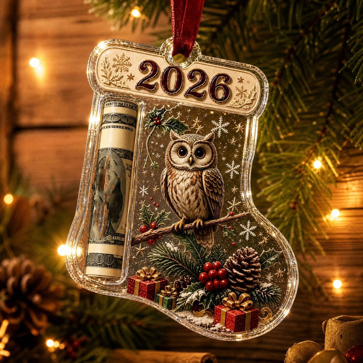 Christmas Cash Gift Stocking Shaped Ornament, Crystal-Clear Cash Holder Ornament with Xmas Stocking Design, Hanging Money Keepsake for Christmas Tree Wreath Garland, Surprise for Family Friends (F)