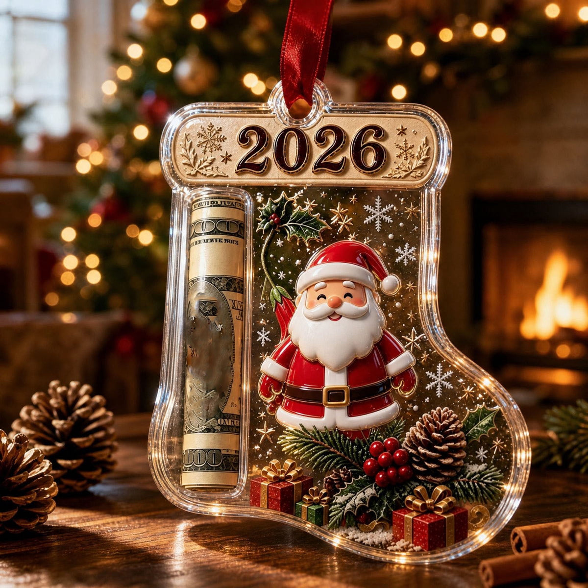 Christmas Cash Gift Stocking Shaped Ornament, Crystal-Clear Cash Holder Ornament with Xmas Stocking Design, Hanging Money Keepsake for Christmas Tree Wreath Garland, Surprise for Family Friends (F)