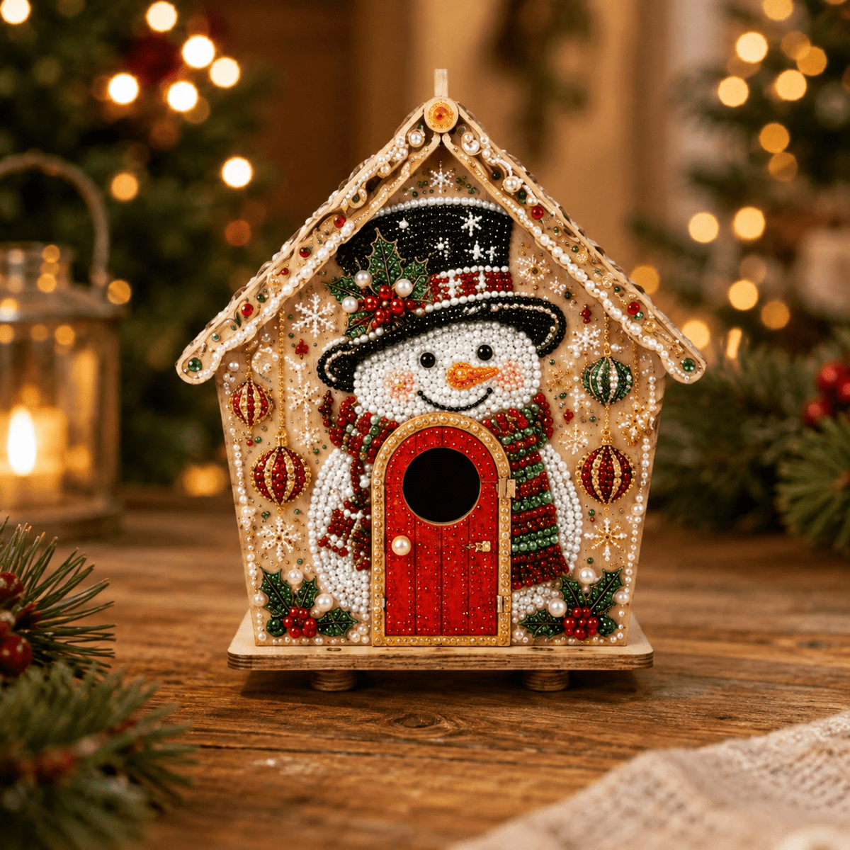 Christmas Pearl Bead Art Kit 3D House Ornament Craft Set For Christmas Tree Tabletop Mantel Shelf And Indoor Winter Holiday Decoration White