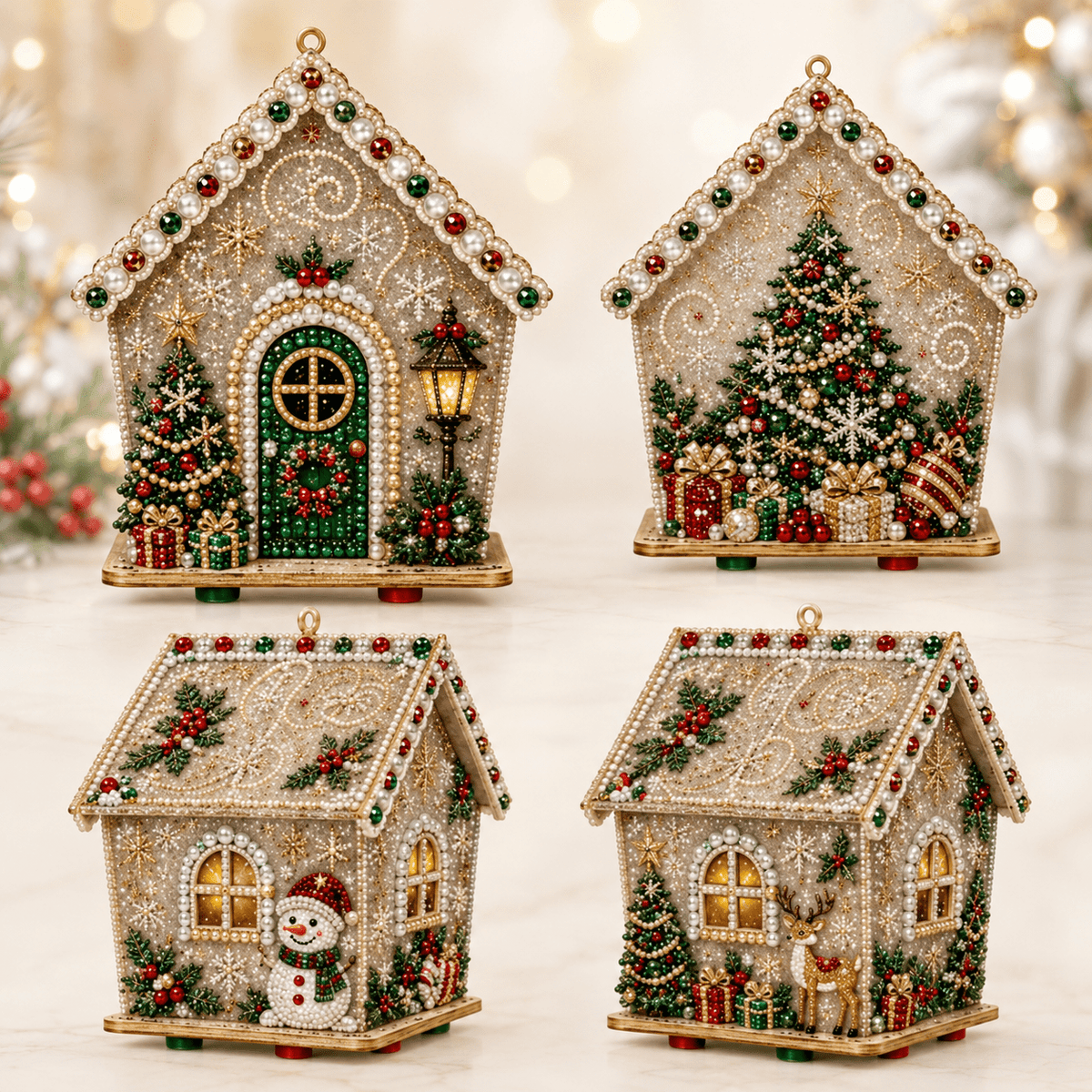 Christmas Pearl Bead Art Kit 3D House Ornament Craft Set For Christmas Tree Tabletop Mantel Shelf And Indoor Winter Holiday Decoration White