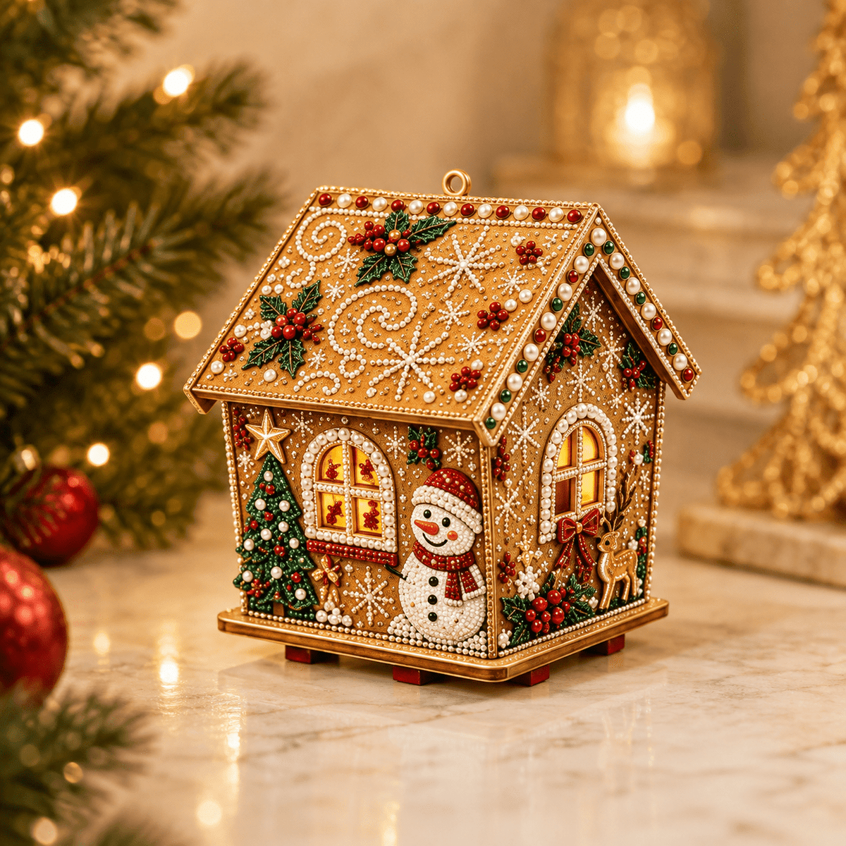Christmas Pearl Bead Art Kit 3D House Ornament Craft Set For Christmas Tree Tabletop Mantel Shelf And Indoor Winter Holiday Decoration White