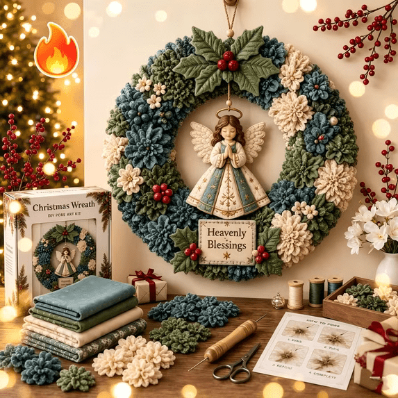 Clearance 3D Christmas Wreath Fabric Poke Art Kit, Jesus Poke Art Kits for Adults, Christmas Wreaths Ornament Making Kit for Front Door