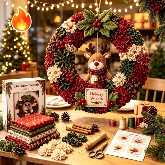 Clearance 3D Christmas Wreath Fabric Poke Art Kit, Jesus Poke Art Kits for Adults, Christmas Wreaths Ornament Making Kit for Front Door