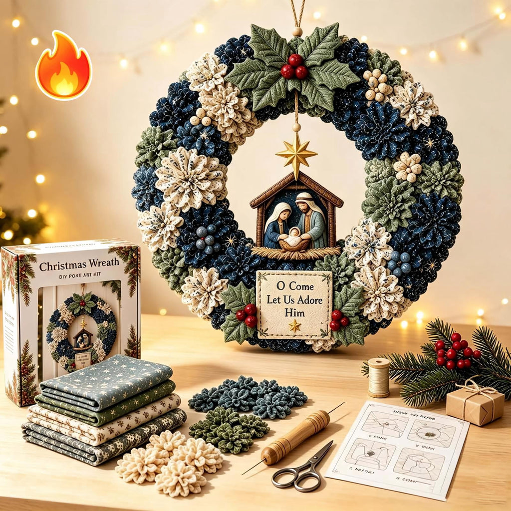 Clearance 3D Christmas Wreath Fabric Poke Art Kit, Jesus Poke Art Kits for Adults, Christmas Wreaths Ornament Making Kit for Front Door
