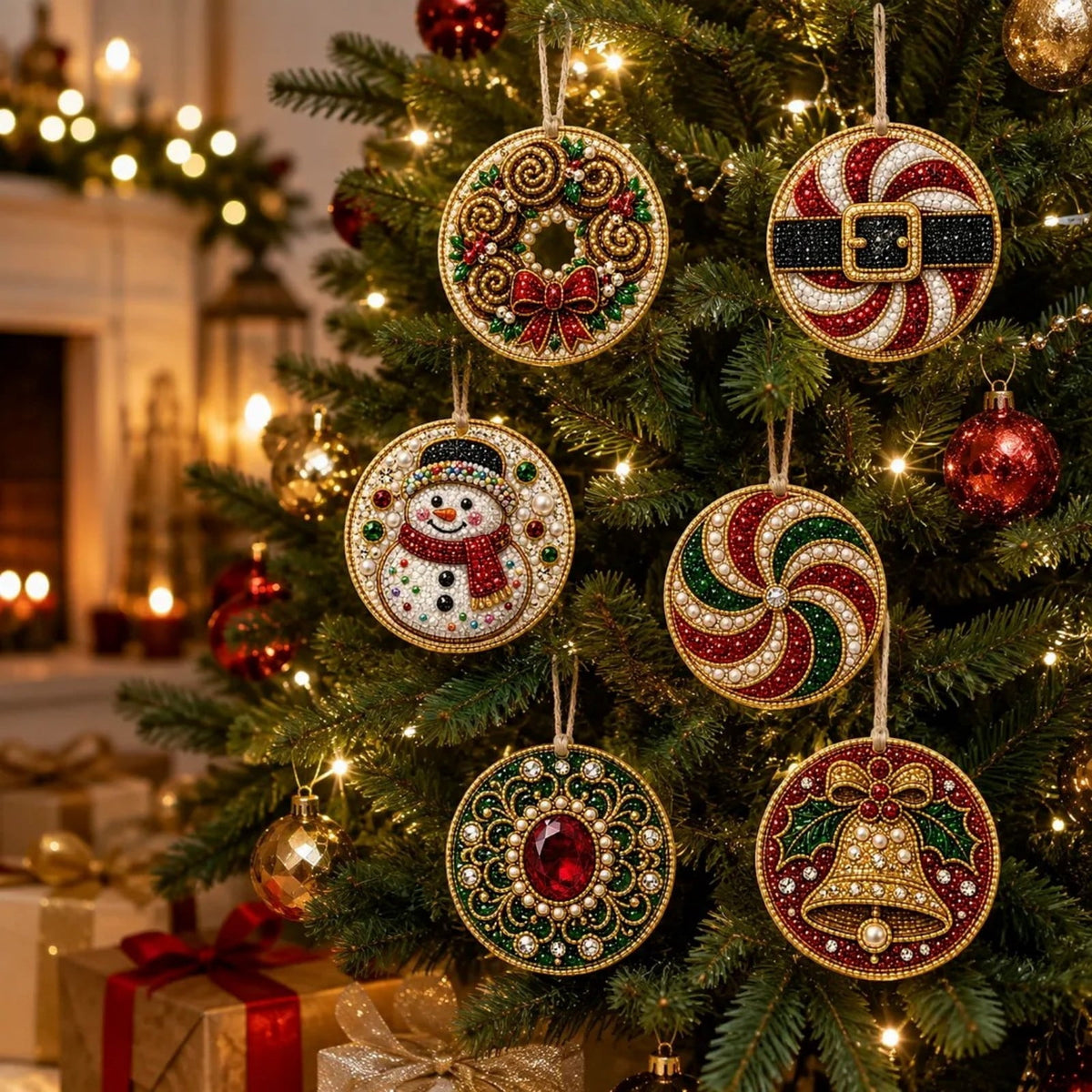 Clearance! 6Pcs Wooden Christmas Ornaments DIY Pearl Art Kits for Adults, Hanging Diamond Art Christmas Ornaments Set with Pearls, Special-Shaped Gems & Jute Twine, Christmas Decor Craft(#1)