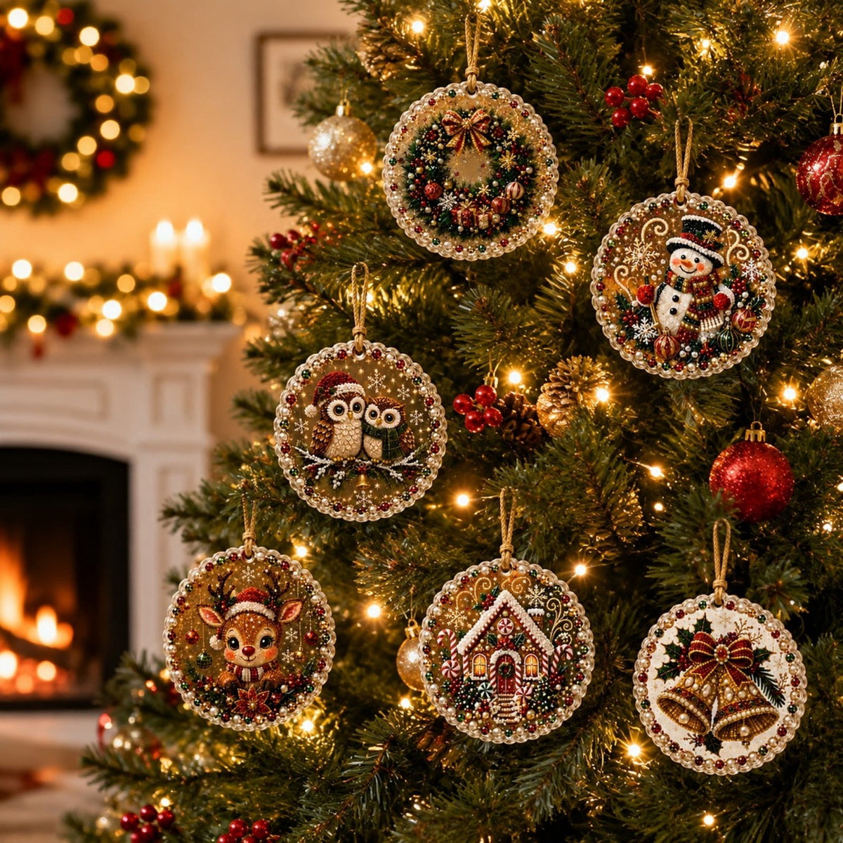 Clearance! 6Pcs Wooden Christmas Ornaments DIY Pearl Art Kits for Adults, Hanging Diamond Art Christmas Ornaments Set with Pearls, Special-Shaped Gems & Jute Twine, Christmas Decor Craft(#1)
