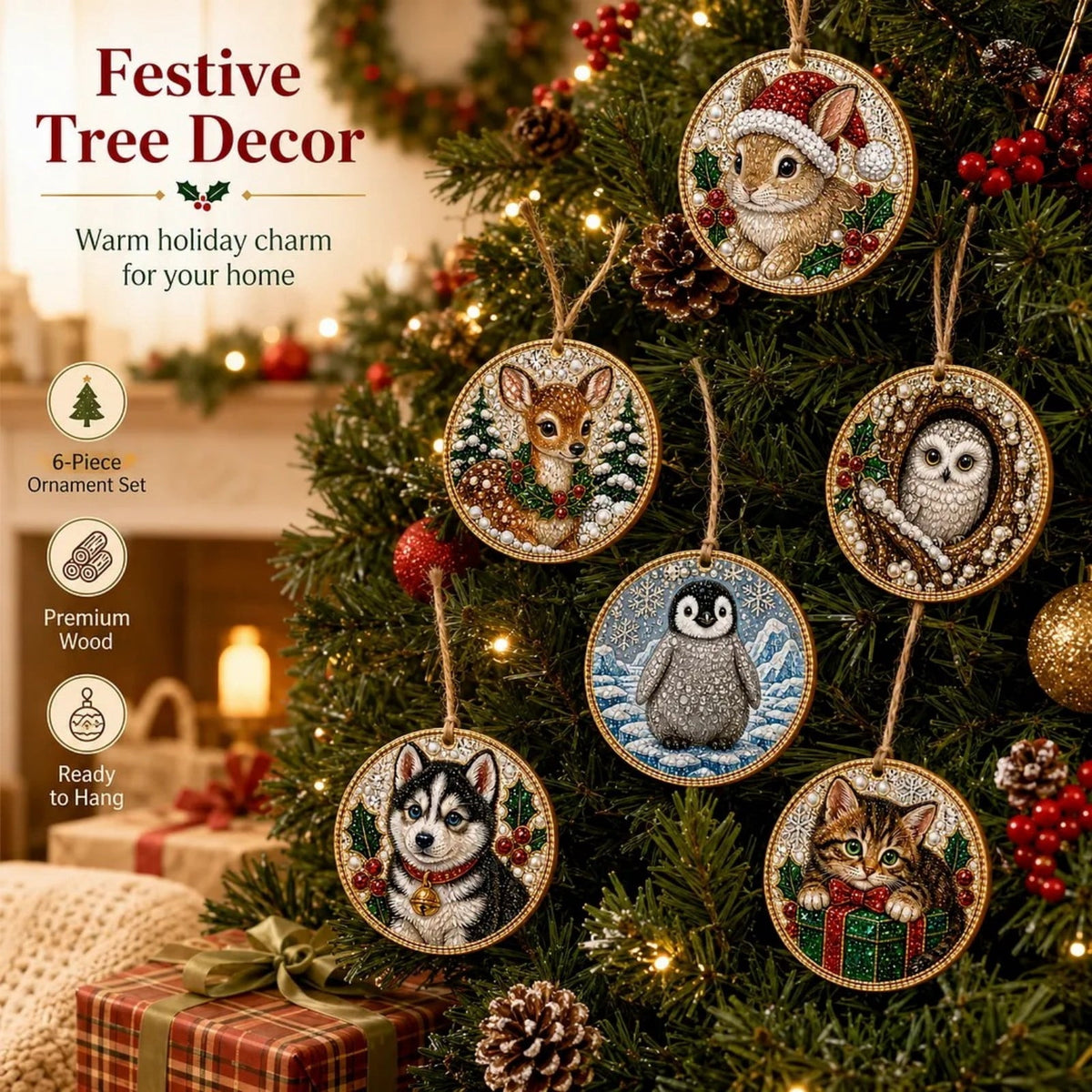 Clearance! 6Pcs Wooden Christmas Ornaments DIY Pearl Art Kits for Adults, Hanging Diamond Art Christmas Ornaments Set with Pearls, Special-Shaped Gems & Jute Twine, Christmas Decor Craft(#1)