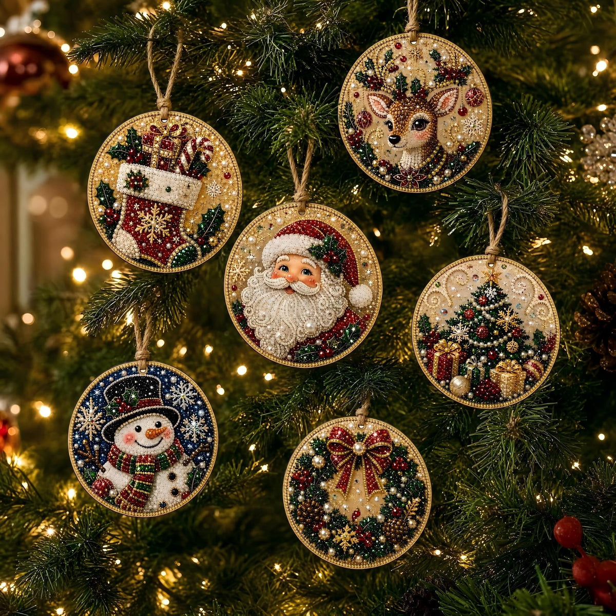 Clearance! 6Pcs Wooden Christmas Ornaments DIY Pearl Art Kits for Adults, Hanging Diamond Art Christmas Ornaments Set with Pearls, Special-Shaped Gems & Jute Twine, Christmas Decor Craft(#1)