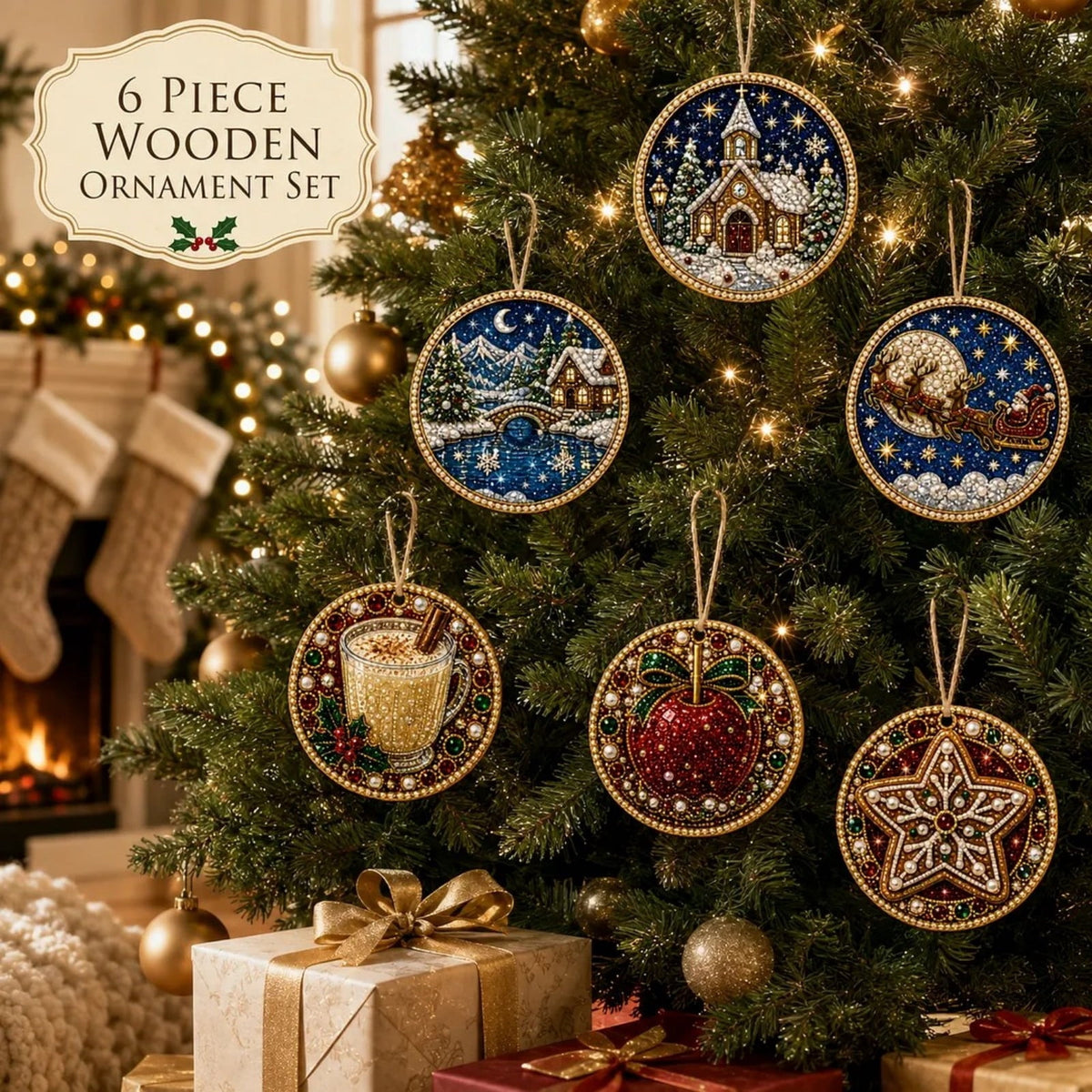 Clearance! 6Pcs Wooden Christmas Ornaments DIY Pearl Art Kits for Adults, Hanging Diamond Art Christmas Ornaments Set with Pearls, Special-Shaped Gems & Jute Twine, Christmas Decor Craft(#1)