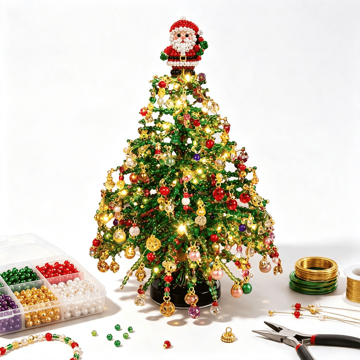 Clearance DIY Beaded Christmas Tree Kit, Crystal Holiday Craft Set for Adults, Colorful Beads, Ornament Charms, Metal Frame, Warm Glow Display, Tabletop Decor, Christmas Gift (Classic)