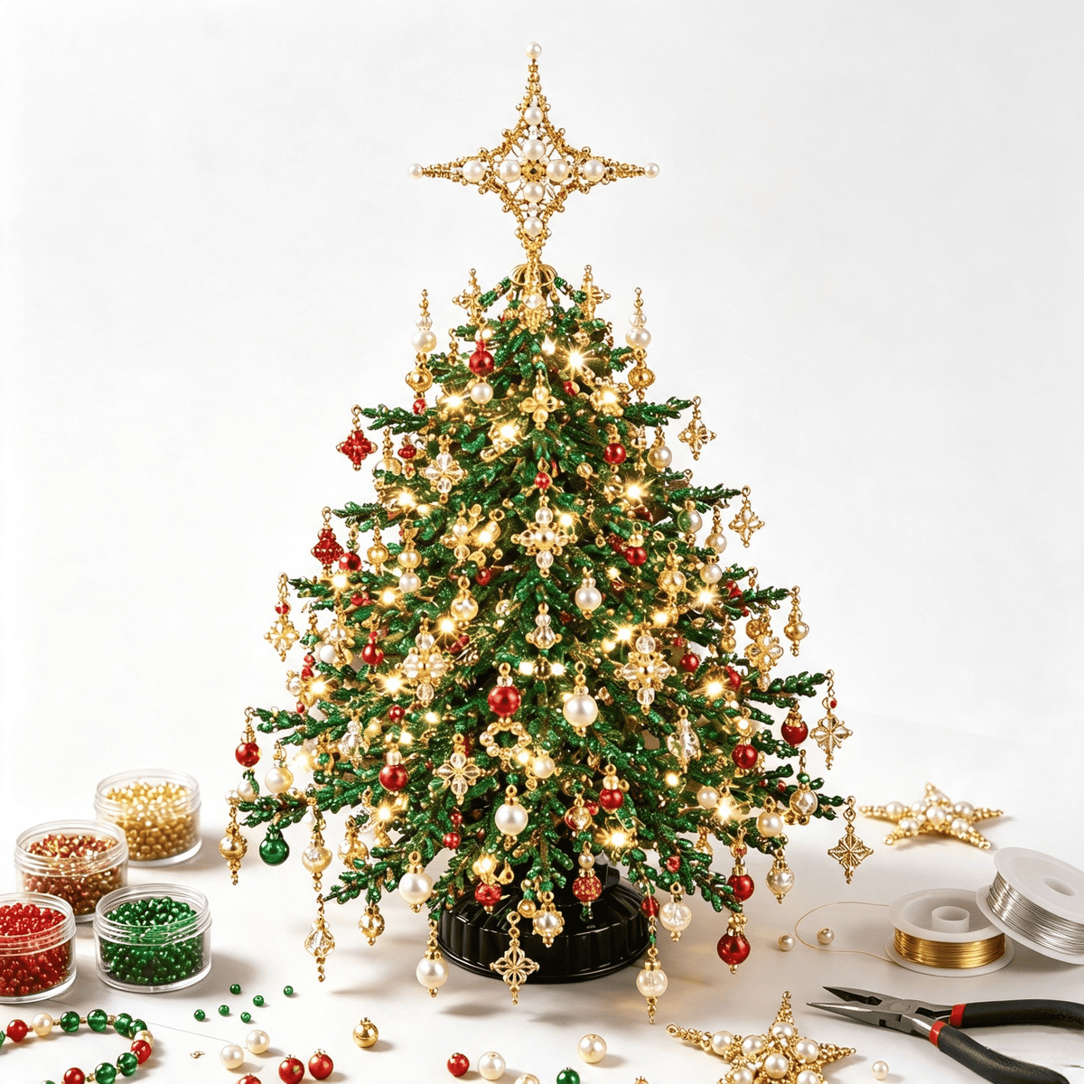 Clearance DIY Beaded Christmas Tree Kit, Crystal Holiday Craft Set for Adults, Colorful Beads, Ornament Charms, Metal Frame, Warm Glow Display, Tabletop Decor, Christmas Gift (Classic)