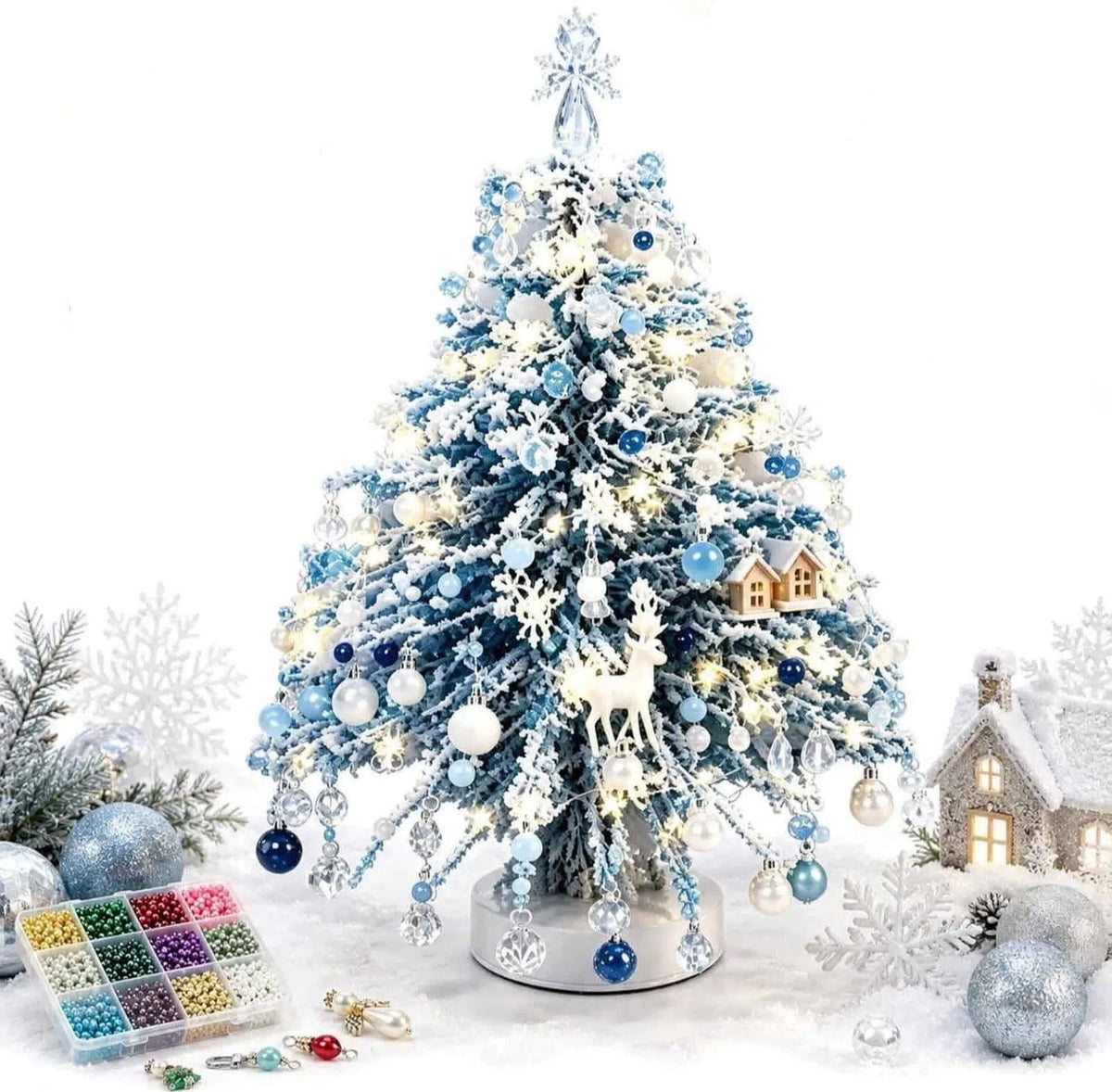 Clearance DIY Beaded Christmas Tree Kit, Crystal Holiday Craft Set for Adults, Colorful Beads, Ornament Charms, Metal Frame, Warm Glow Display, Tabletop Decor, Christmas Gift (Classic)