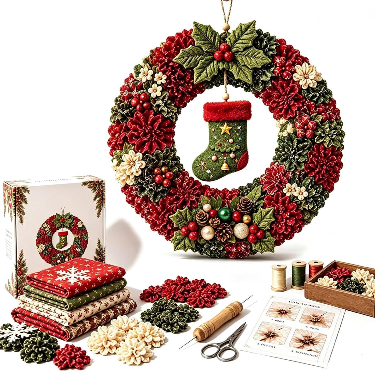 Clearance 3D Christmas Wreath Fabric Poke Art Kit, Jesus Poke Art Kits for Adults, Christmas Wreaths Ornament Making Kit for Front Door