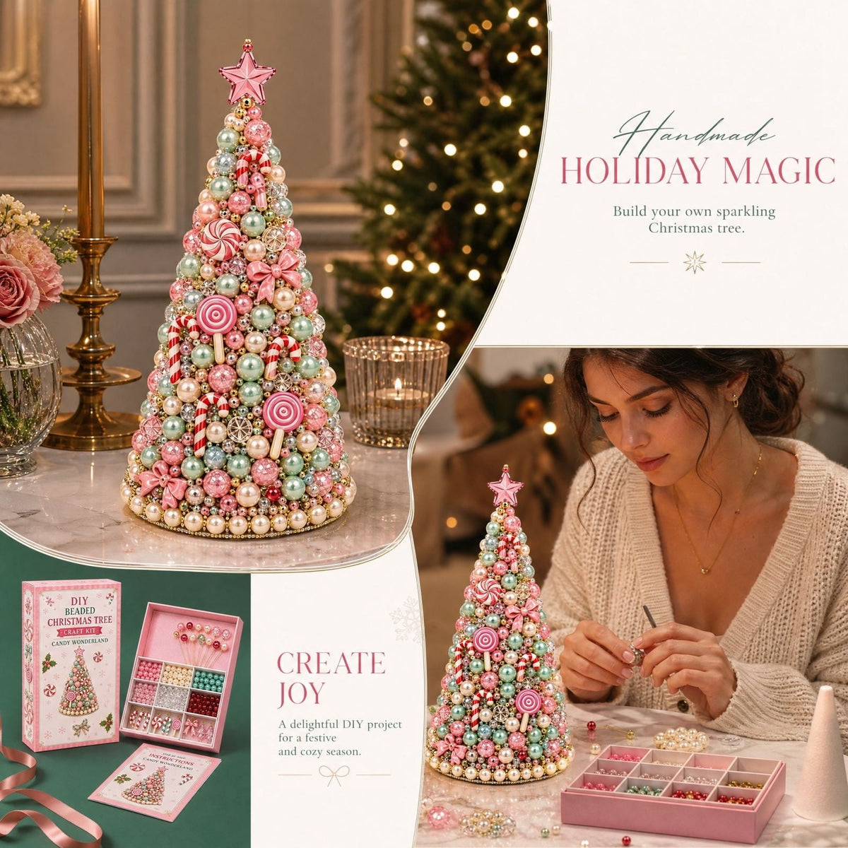 DIY Beaded Christmas Tree Craft Kit Christmas Decorations, 3D Candy Beaded Christmas Tree Craft Kit Christmas Decor, Christmas Crafts for Adults