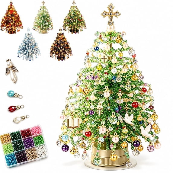 DIY Beaded Christmas Tree Kit, Crystal Bead Holiday Craft Set for Adults, Christmas Ornament Charms, Metal Frame Tabletop Decor, Holiday Gift