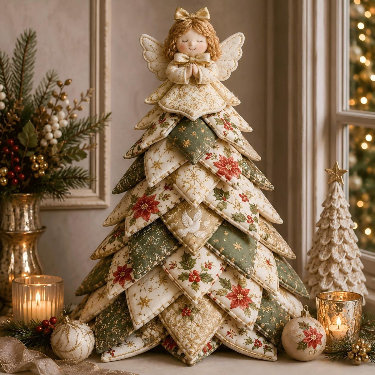 DIY Quilted Christmas Tree Kit Handmade Fabric Tabletop Holiday Decor, Patchwork Craft with Character Topper for Mantel Shelf